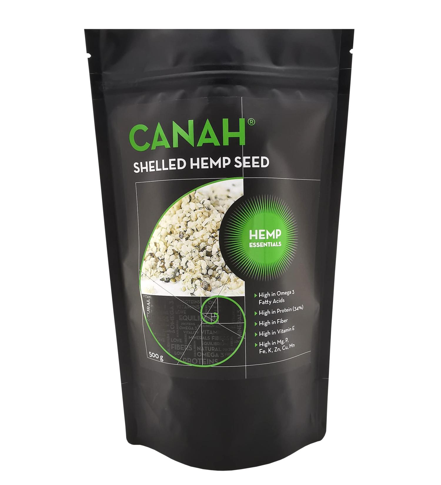 Canah Natural Hemp Seed Raw Shelled (Hulled) Hearts 500 g Vegan High in Protein Fiber Omega 3 & Omega 6 Amino Acids Vitamins and Minerals Certified Kosher + Free Bonus Recipes 500g - Buy Online on GoSupps.com