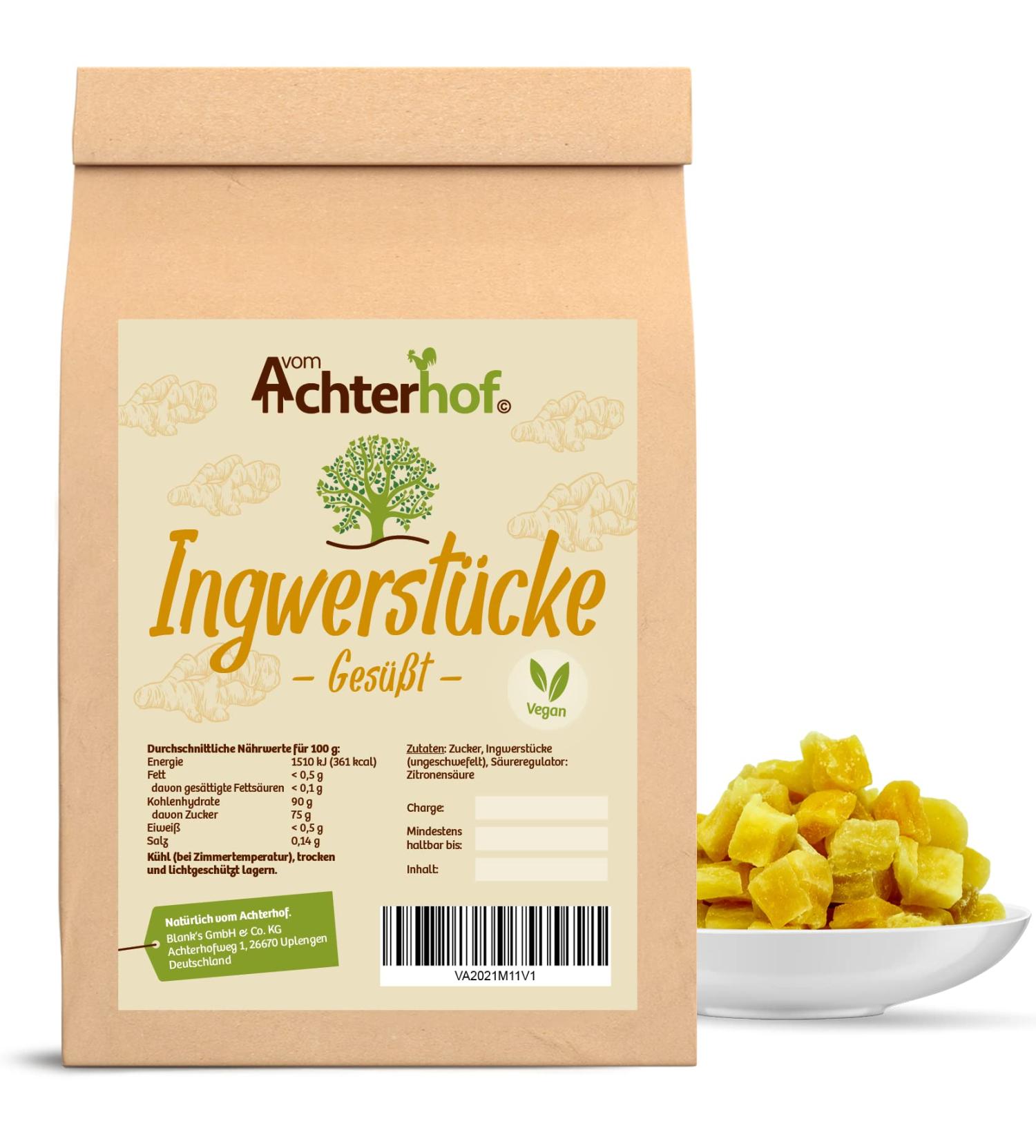 Gingerpieces candied 1000g |Dried ginger |sweetened and unwrest |Dry fruit |Spicy and vitalizing refreshingFrom the Achterhof