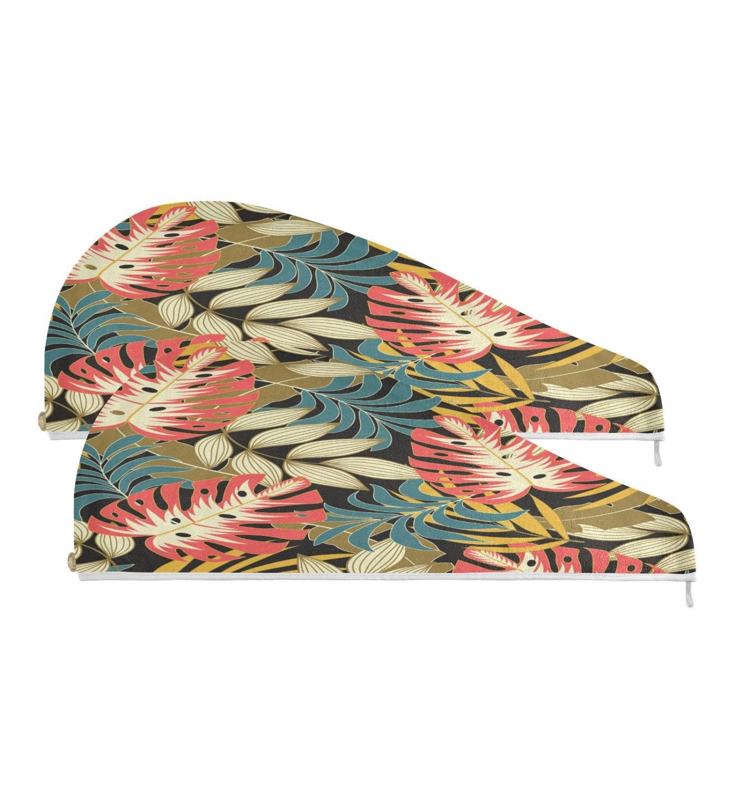 Tropical Leaves Dry Hair Cap & Quick Drying Towel Set - Super Absorbent Soft Comfortable | 2-Piece with Button Headband - Buy Online on GoSupps.com