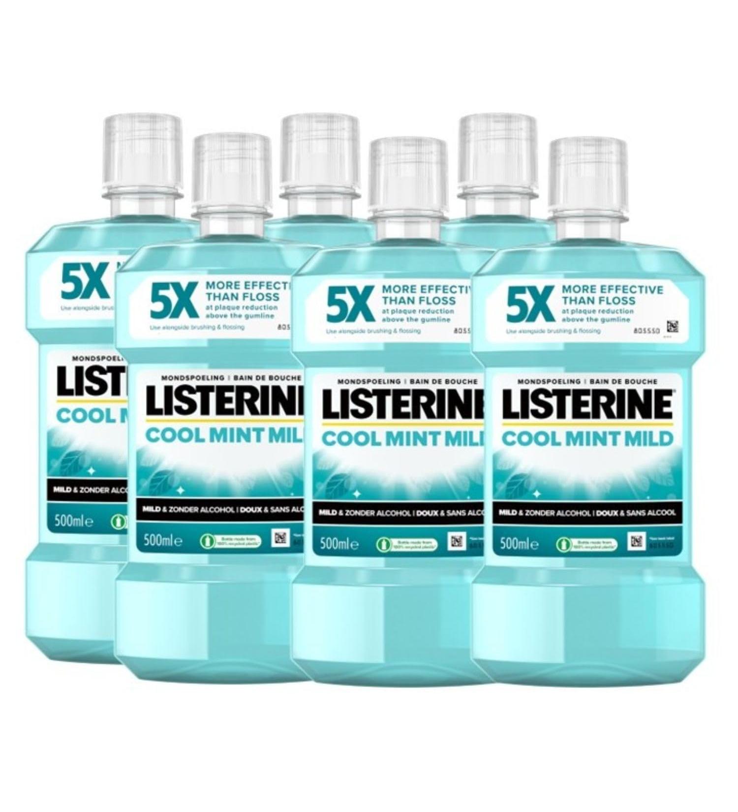 Listerine LISTERINE Cool Mint Mild Taste Alcohol-Free Mouthwash with Essential Oils Helps Eliminate Bacteria and Ensures Long-Lasting Fresh Breath 6 x 500 ml