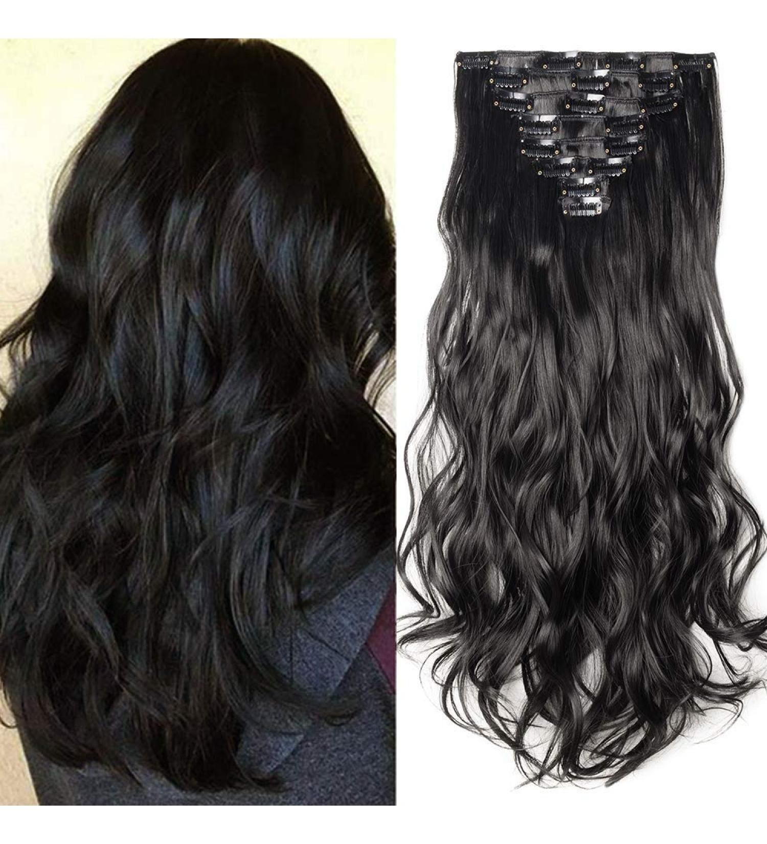 SILK-CO 17 Jet Black Curly Clip-In Hair Extensions - 100% Synthetic Hair, 8PCS Set for Full Head - Long Wavy Style - Buy Online on GoSupps.com