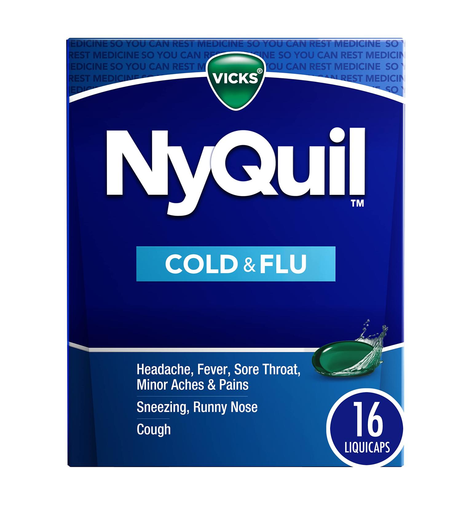 Vicks NyQuil Cold & Flu Nighttime Relief Liquid Capsules - 16 Count (Pack of 1) - Buy Online on GoSupps.com