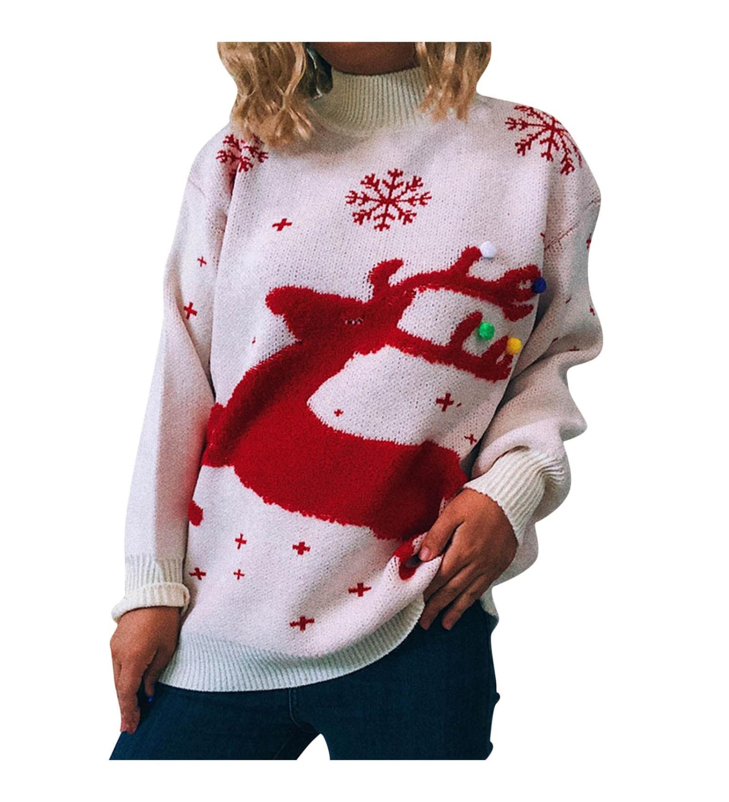 Shop Women's Christmas Snowflake Reindeer Knitting Sweater - Oversized Beige Knitwear (Sizes S-XL) - Buy Online on GoSupps.com