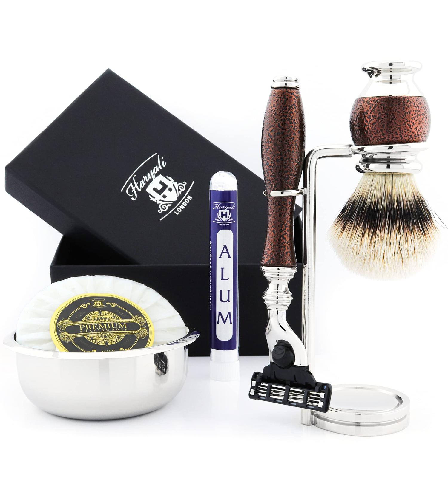 Premium Badger Hair Brush with Silver Tip & 3-Sided Razor | Double Stand Bowl & Soap - International Shipping Available - Buy Online on GoSupps.com