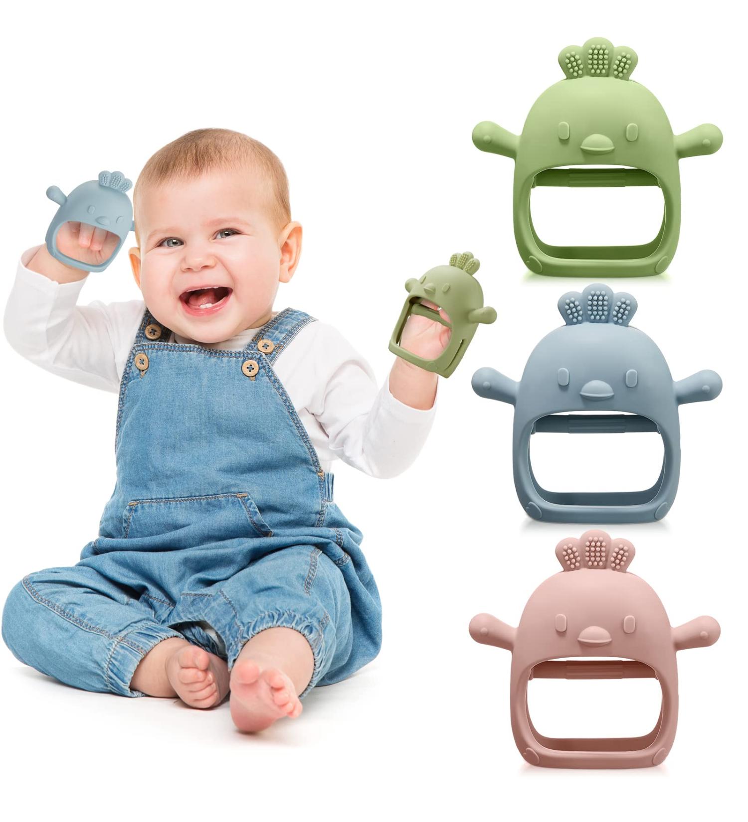 3 Pack Baby Teething Toy Silicone Teether Set | Anti-Dropping Hand Teethers for Babies 0-12 Months | Chew Toys and Pacifier | Sucking Needs | Blue Green Flesh Pink - Buy Online on GoSupps.com