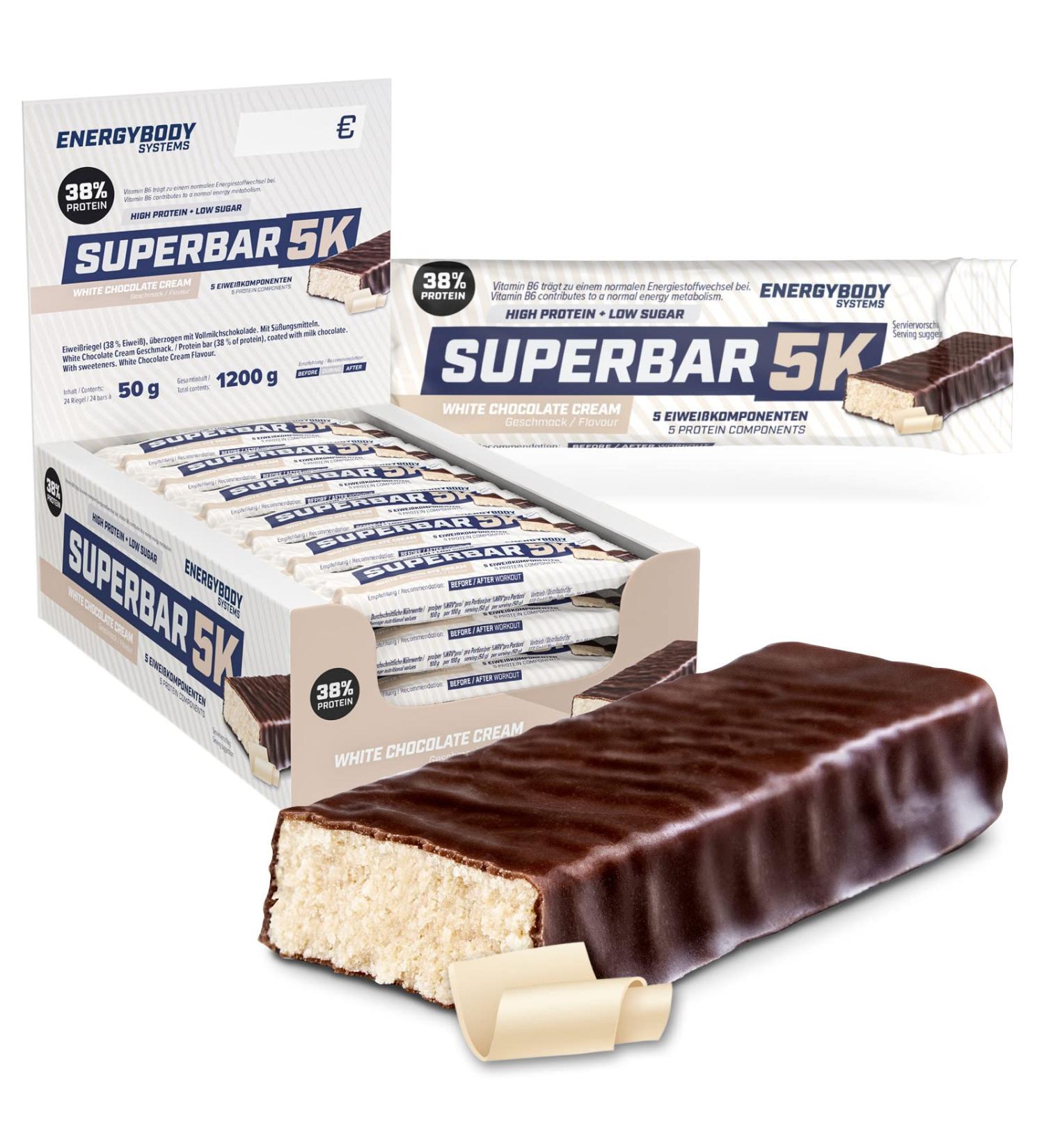 Energybody Superbar 5K Protein Bar - White Chocolate Cream 38% Protein Low Sugar 24x50g Pack - High Protein Snack for Low Carb Nutrition - Buy Online on GoSupps.com