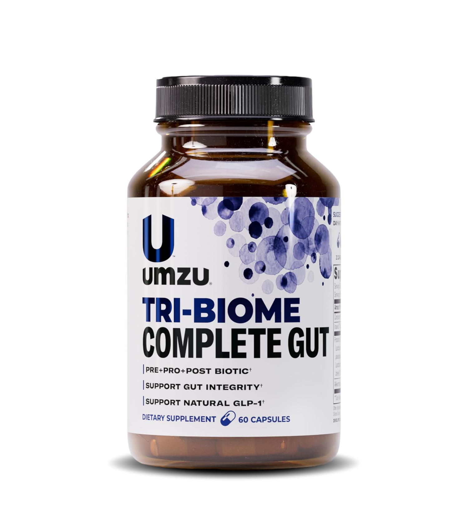 UMZU Tri-Biome Complete (30 Day Supply) 3 in 1 Probiotic Prebiotic Postbiotic Capsules with Akkermansia and CoreBiome Probiotic for Adults Gut Balance Stomach Probiotics and Complete Gut Health - Buy Online on GoSupps.com