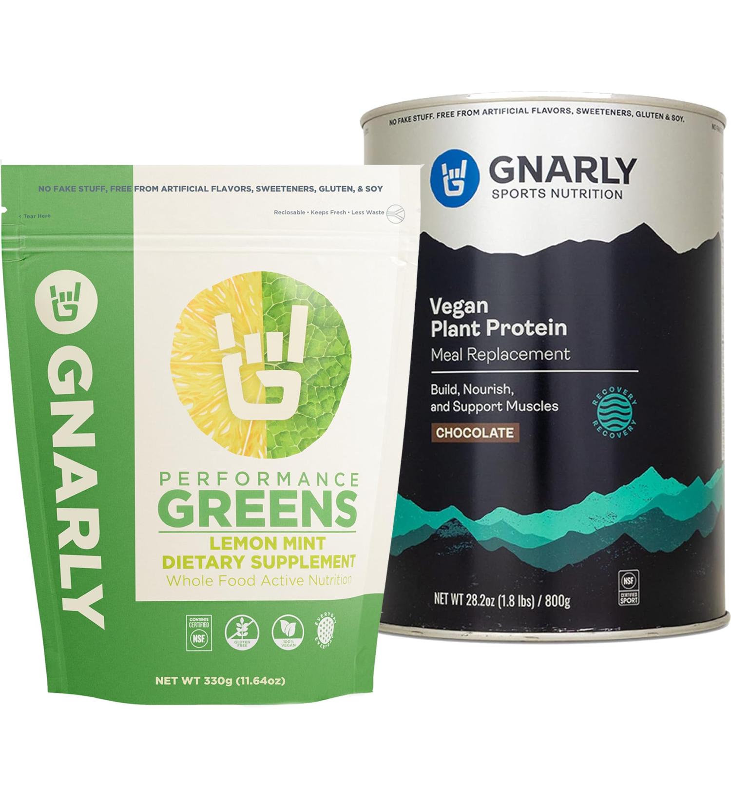 Gnarly Nutrition Performance Greens Lemon Mint (11.64 oz) and Gnarly Vegan Plant Protein Meal Replacement - Chocolate (28.2oz) - Buy Online on GoSupps.com