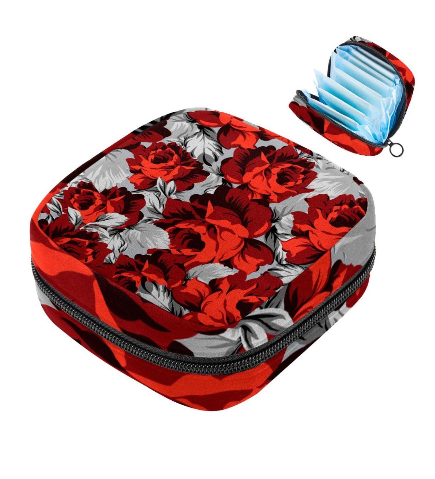 Menstrual Pad Bag with Zipper | Ladies Napkin Pouch & Tampons Collection Bag for Women & Girls - Red Roses Design - Buy Online on GoSupps.com