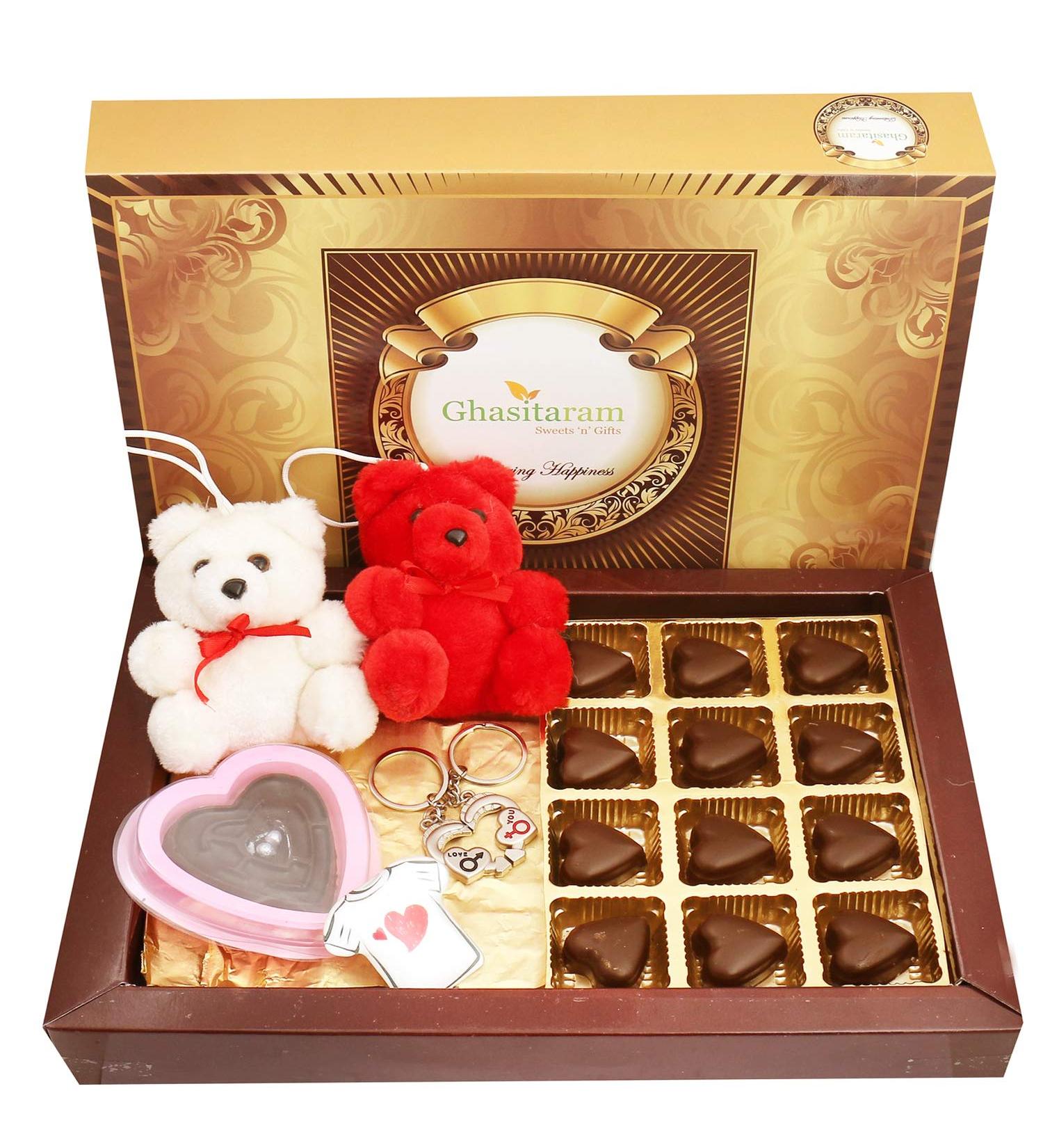 Ghasitaram Gifts Valentines Gift Valentines Day Chocolates for Girlfriend/Boyfriend/Husband and Wife Sugarfree Chocolate Hearts with Teddies Keychain Set Heart Game Chocolate and Fridge Magnet SFChocoHeart Teddi Keychain GameChoco FridgeMagnet - Buy Online on GoSupps.com