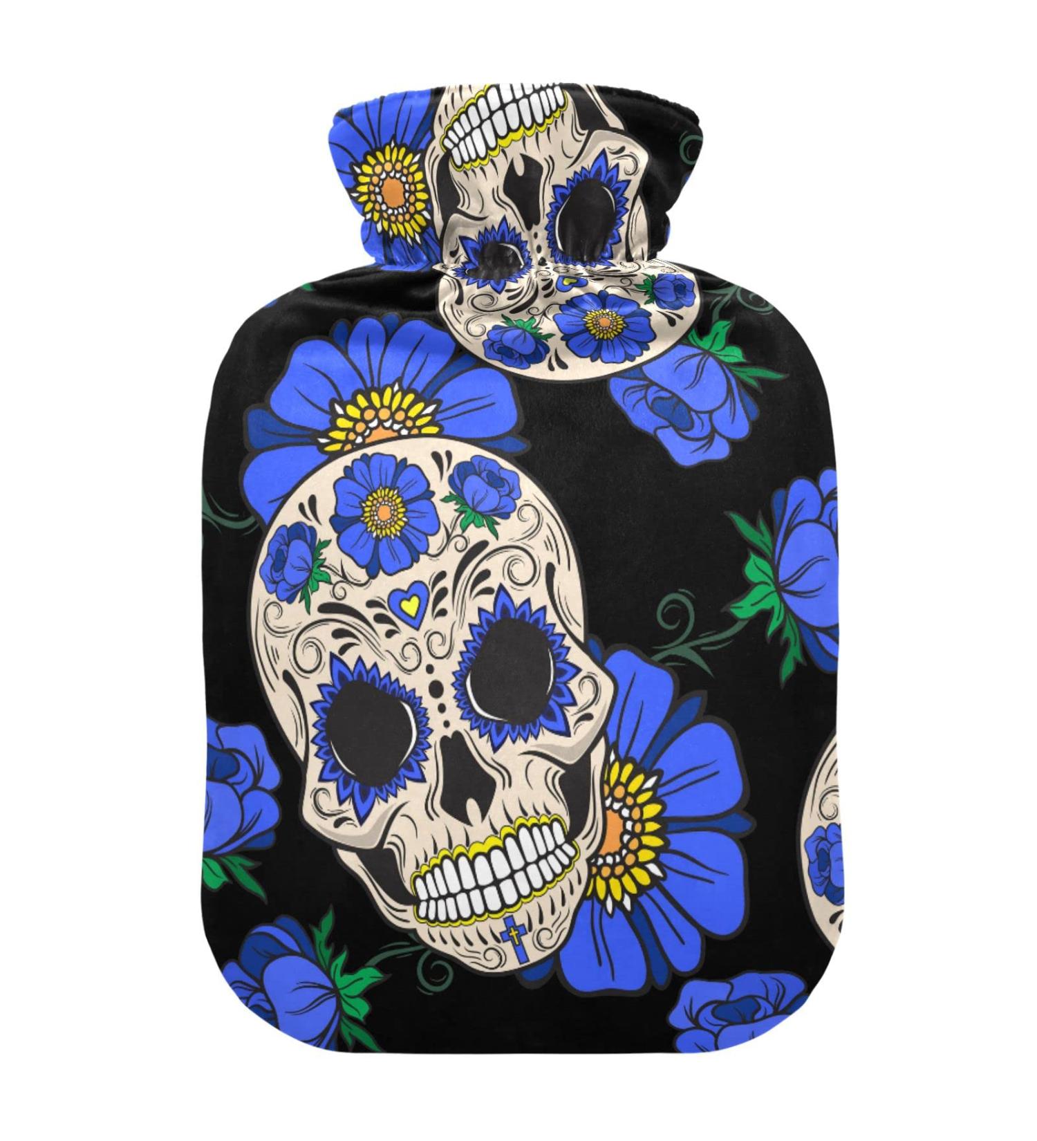 Hot Water Bottles with Sugar Skull & Blue Flowers Cover - 2L Pain Relief Bag for Women Girls & Kids | International Shipping - Buy Online on GoSupps.com