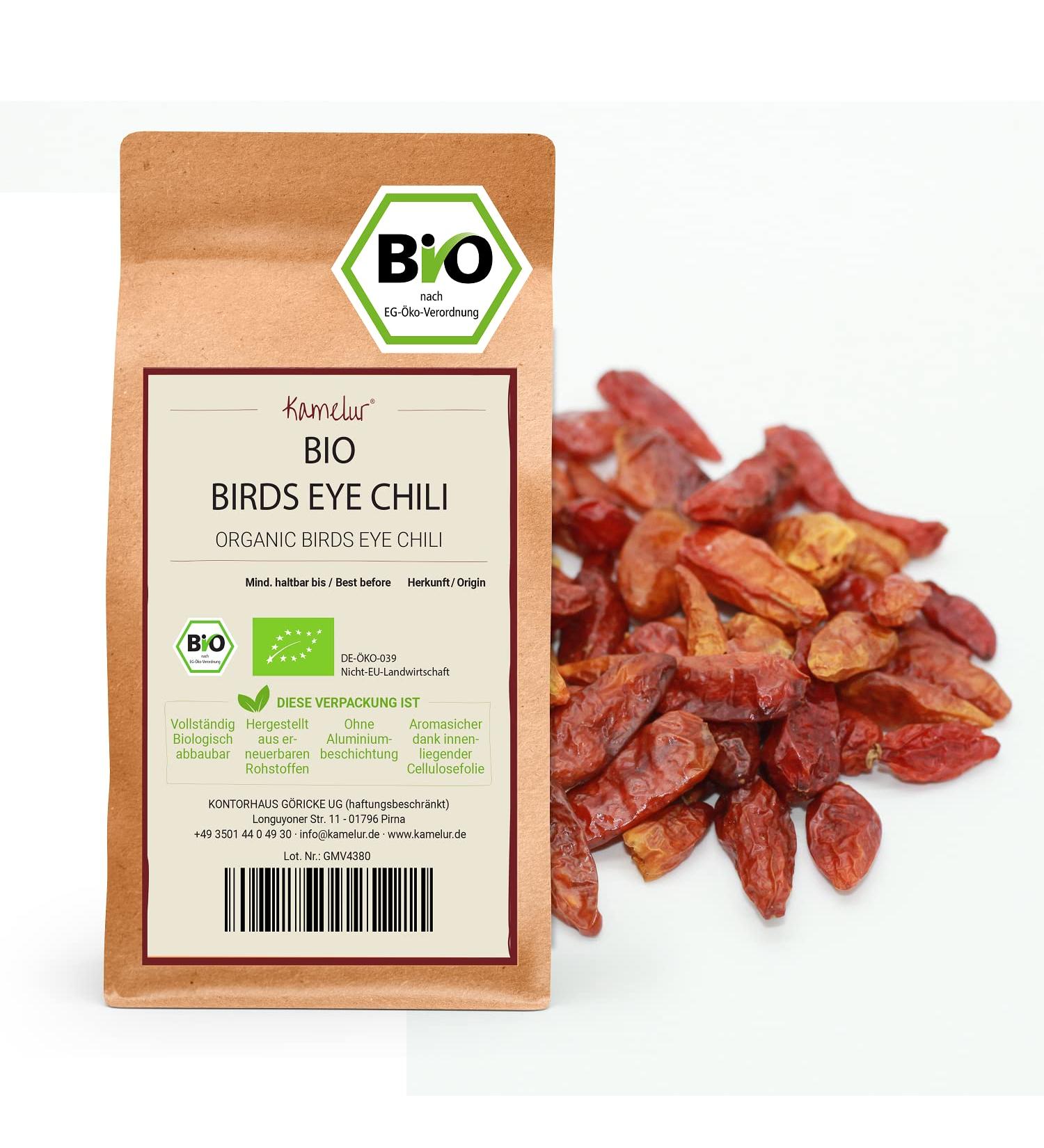 Kamelur organic 'Birds Eye' whole chilli pods gently dried no additives 120 000 Scoville in organic packaging - Buy Online on GoSupps.com
