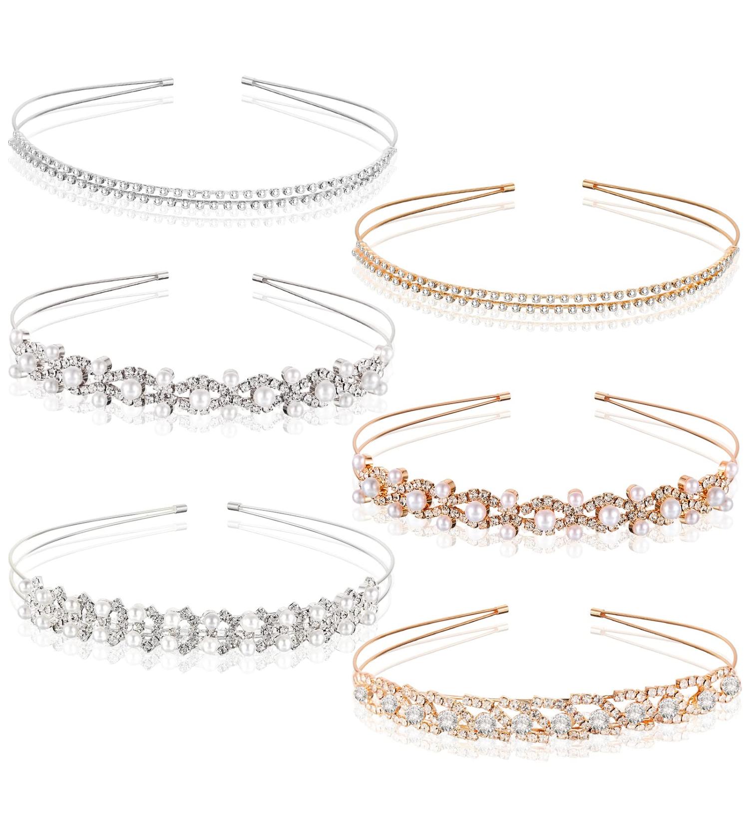 Crystal Diamond Headband Set - Girls Tiara Gold Silver Pearl Headbands for Women, Brides, Wedding Party - 6 Pcs - Buy Online on GoSupps.com