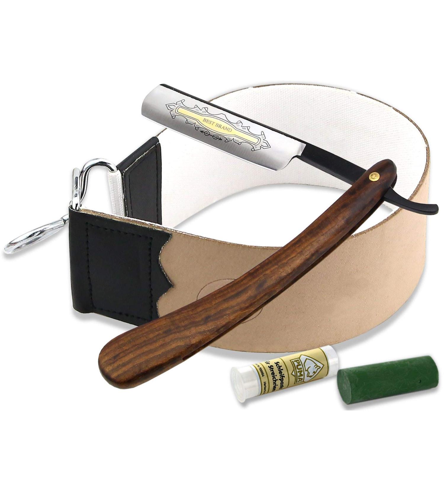 Premium Men's Razor Set - Wooden Handle Cold Gold Blade Solingen Quality with Leather Pouch - Buy Online on GoSupps.com