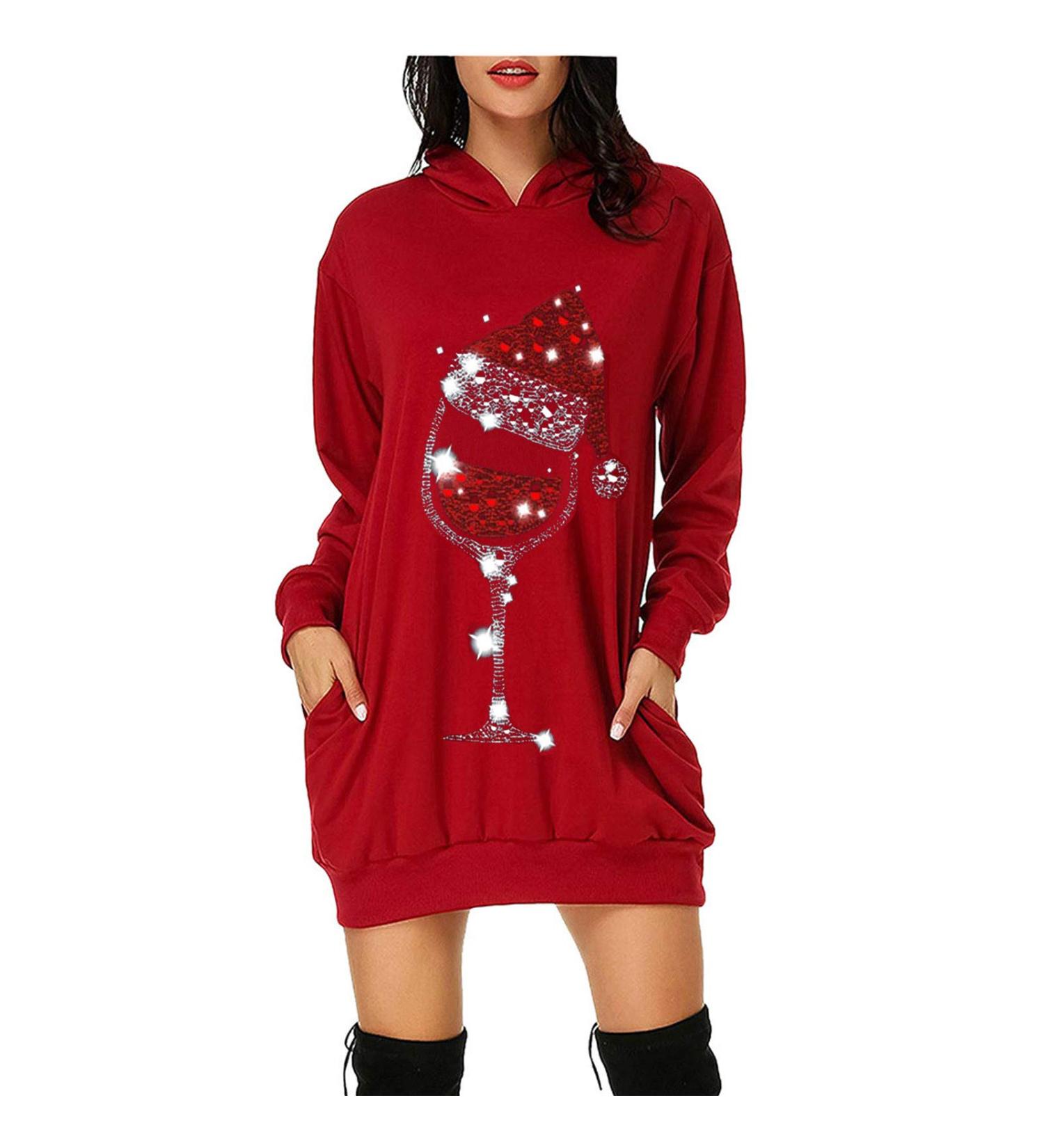 Shop Hanxiulin Women's Christmas Elk Sweatshirt Dress - Oversized Long-Sleeved Hoodie | Festive Red Christmas Apparel - Buy Online on GoSupps.com