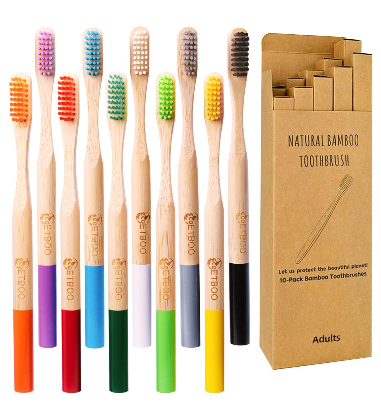 Bamboo Toothbrushes for Adults - 10 Pack Hard Bristles Organic Wooden Family Set - Eco-Friendly Multicolor - Buy Online on GoSupps.com