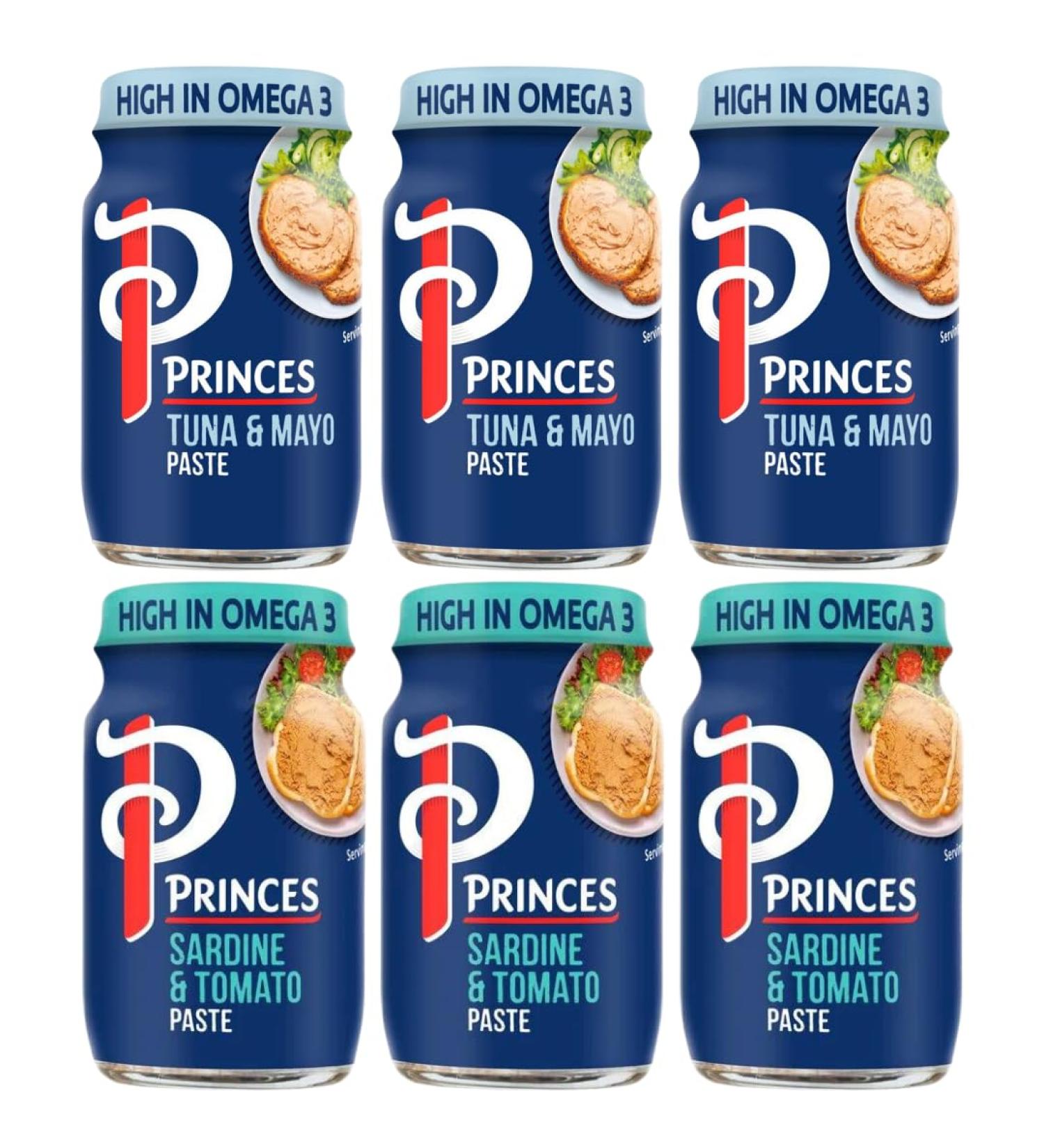 Princes Sardine & Tomato Paste 75g x3 and Tuna & Mayonnaise Paste 75g x3 (6 Pack Bundle) - Buy Online on GoSupps.com