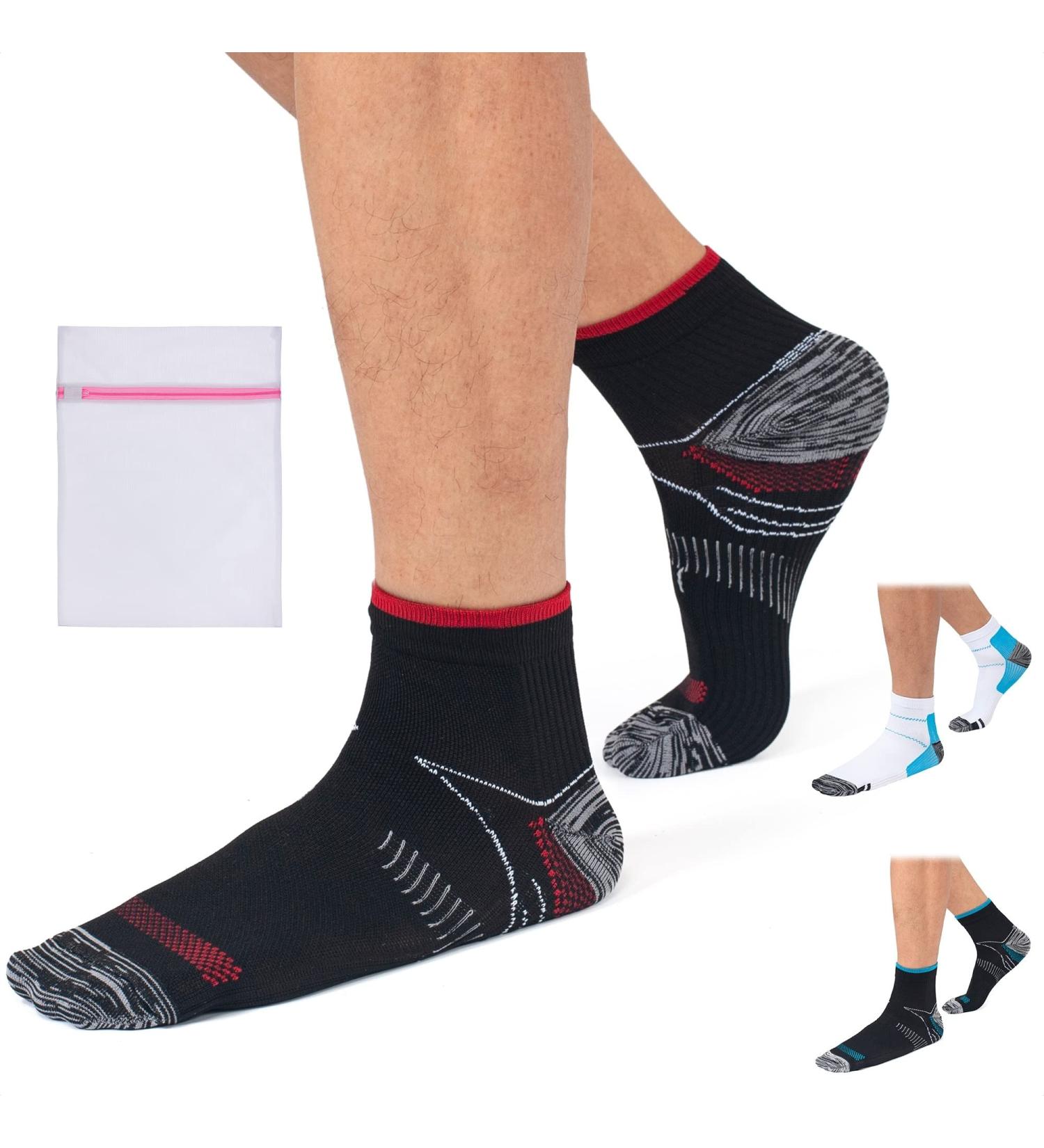 Compression Ankle Socks for Sprained Ankle Support - 360 Relief | Reduce Arch Pain, Plantar Fasciitis, Swelling | Perfect for Travel, Flight, Heel Spurs, Pregnancy | S/M Red/Black with Mesh Laundry Bag - Buy Online on GoSupps.com