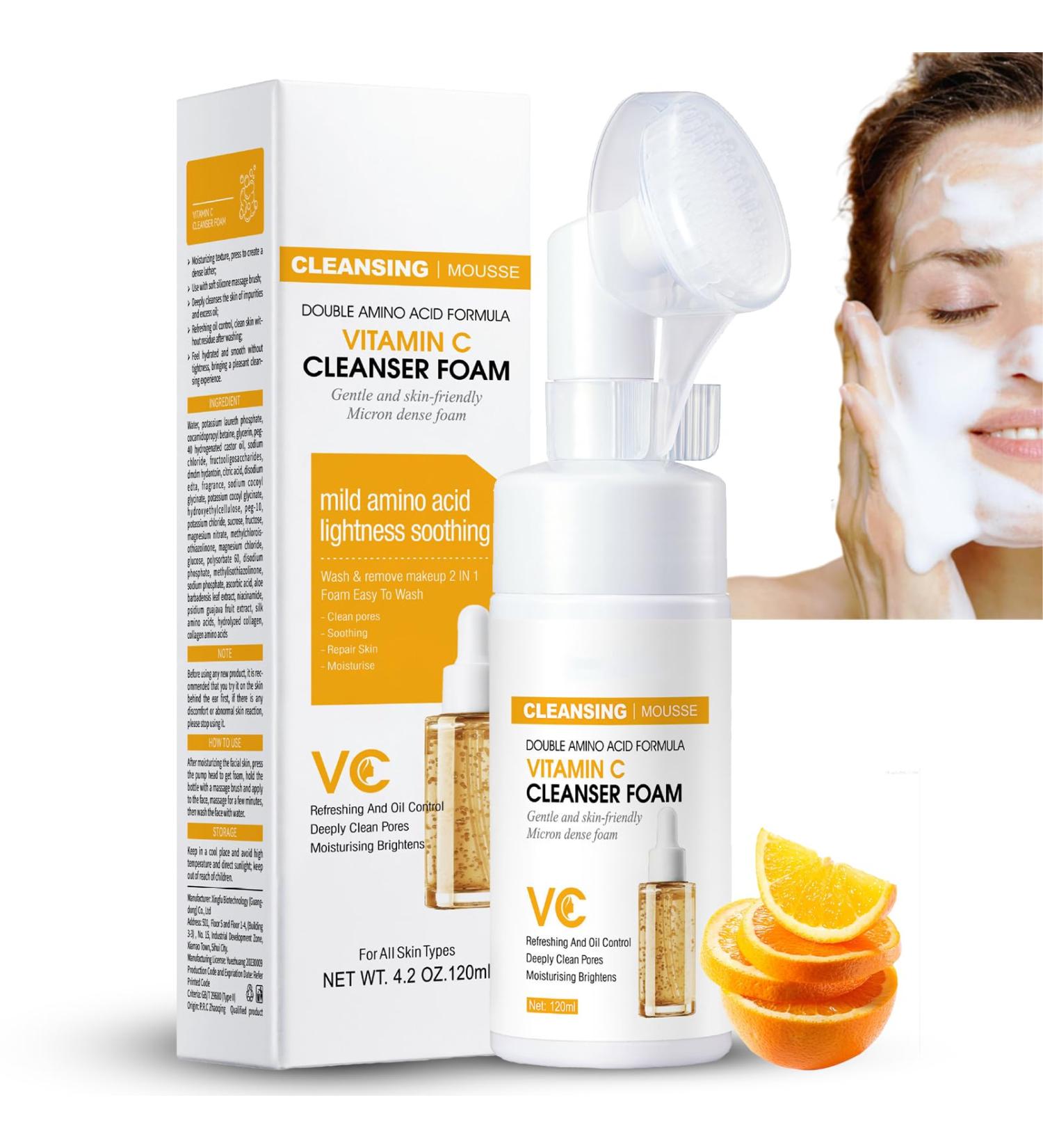 Vitamin C Hydrating Foaming Facial Cleanser - Gentle Acne-Prone Skin Wash with Silicone Brush - Vegan Daily Cleanser for Men & Women - 4.2oz - Buy Online on GoSupps.com