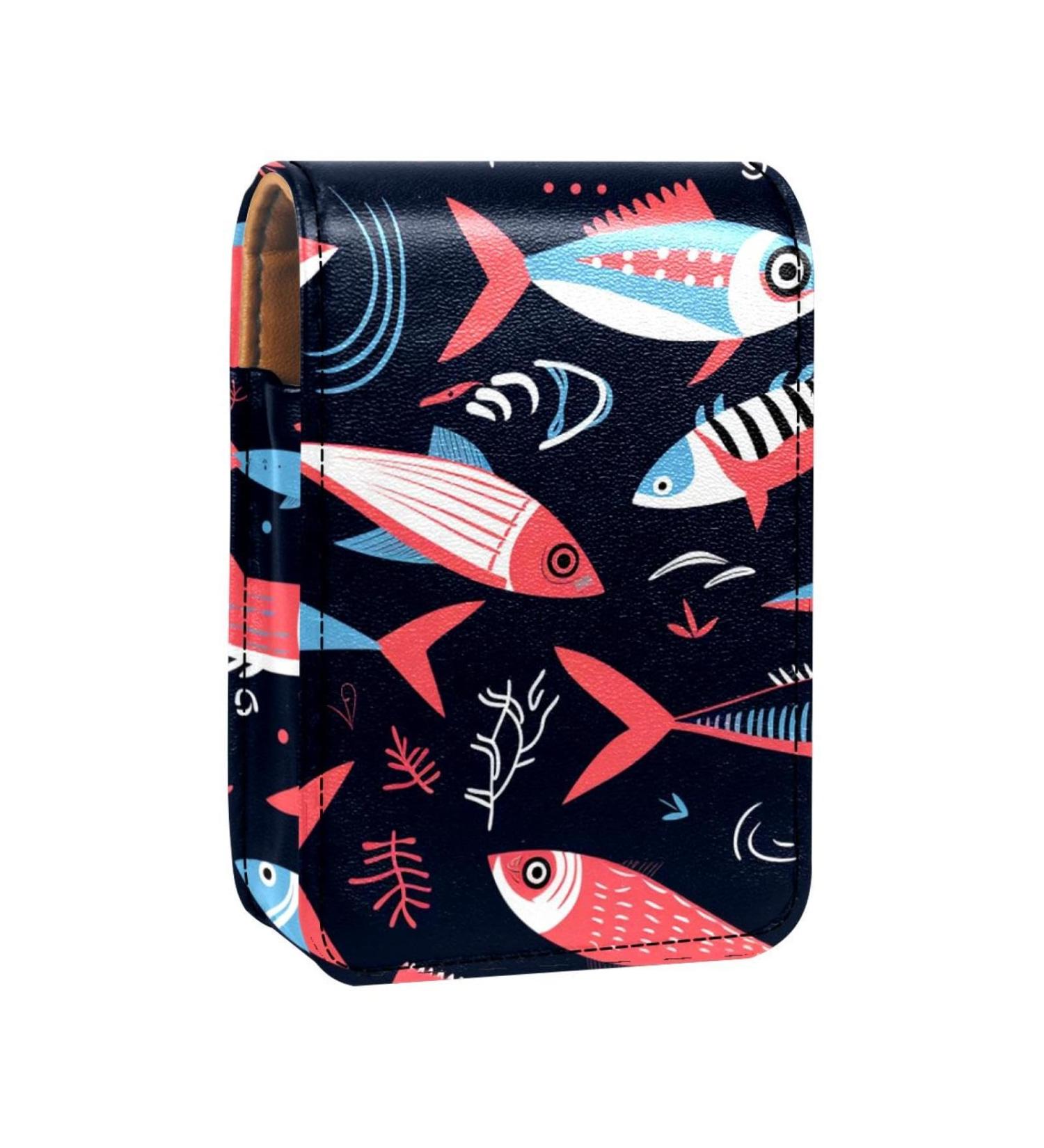 Premium Leather Lipstick Case Organizer with Mirror - Mini Lip Gloss Holder - Abstract Ocean Fish Design - Buy Online on GoSupps.com
