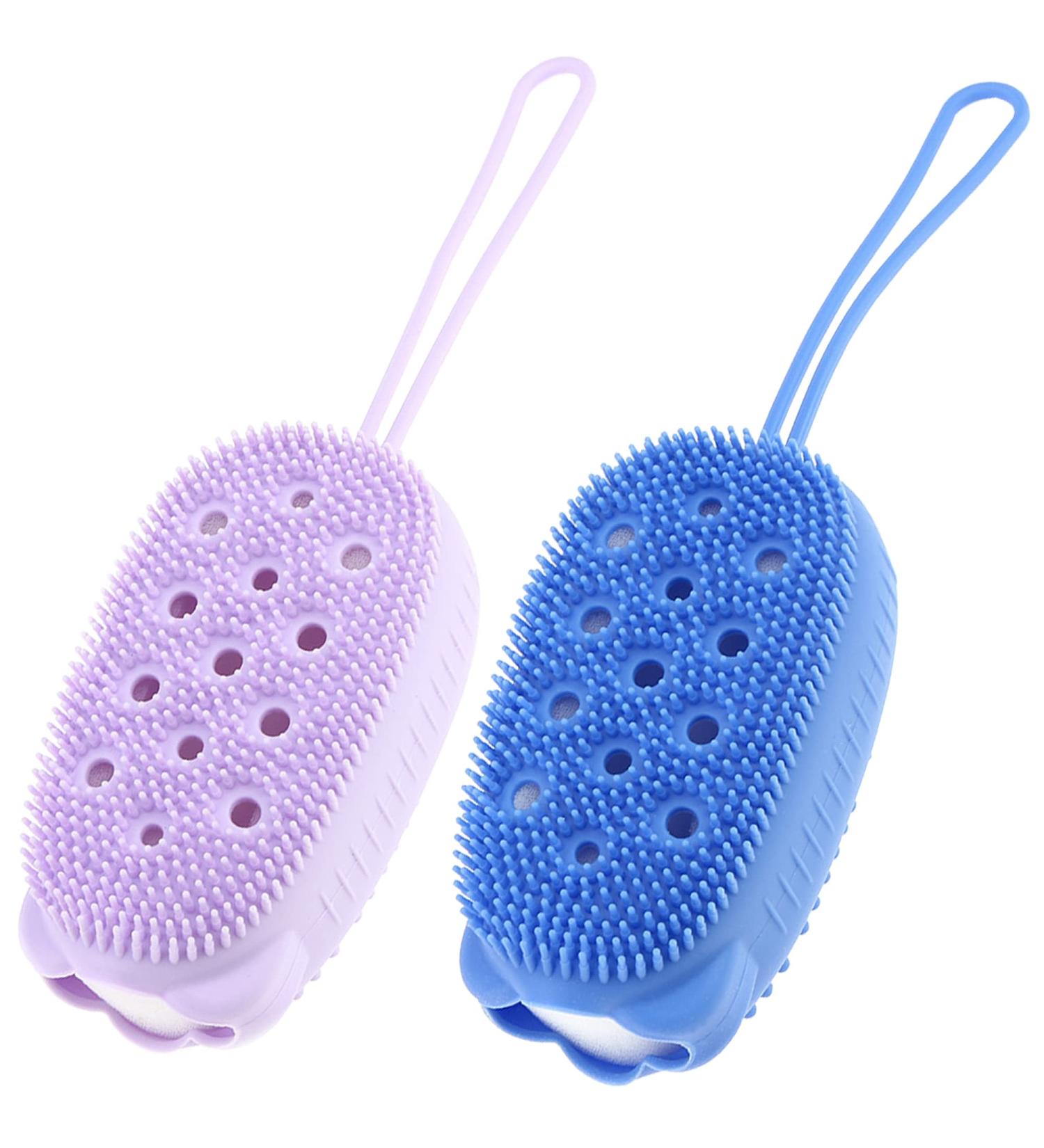 Draduo Silicone Bath Brush for Body - Double Sided Shower Brush - Cute Bear Shape - Blue & Purple - Buy Online on GoSupps.com