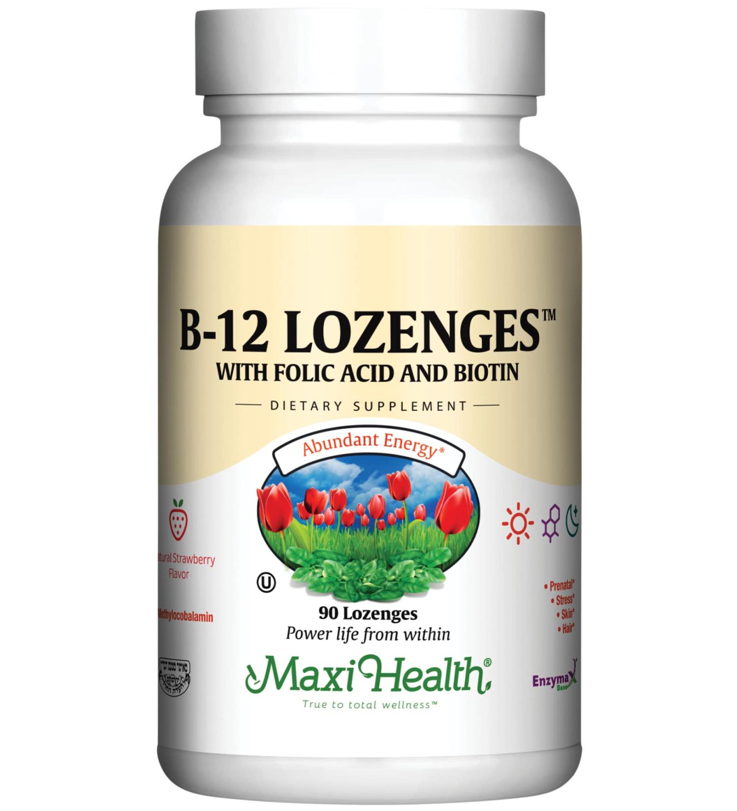 Vitamin B12 Lozenges with Folic Acid, Biotin - Sublingual Strawberry Flavor - Vegetarian Kosher 90 Count Pack - Energy and Red Blood Cell Support - Buy Online on GoSupps.com
