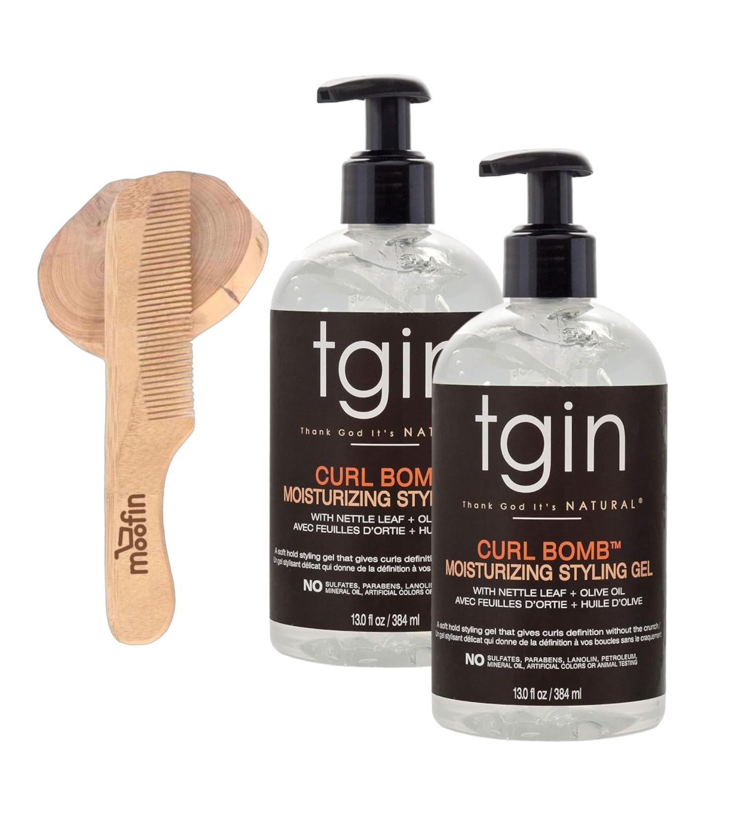 Tgin Hair Gel Curl Bomb 13 oz - Moisturizing Curl Gel for Dry Curly Hair with Frizz Control & Olive Oil - Bundle with Wooden Comb (Pack of 2 - Buy Online on GoSupps.com