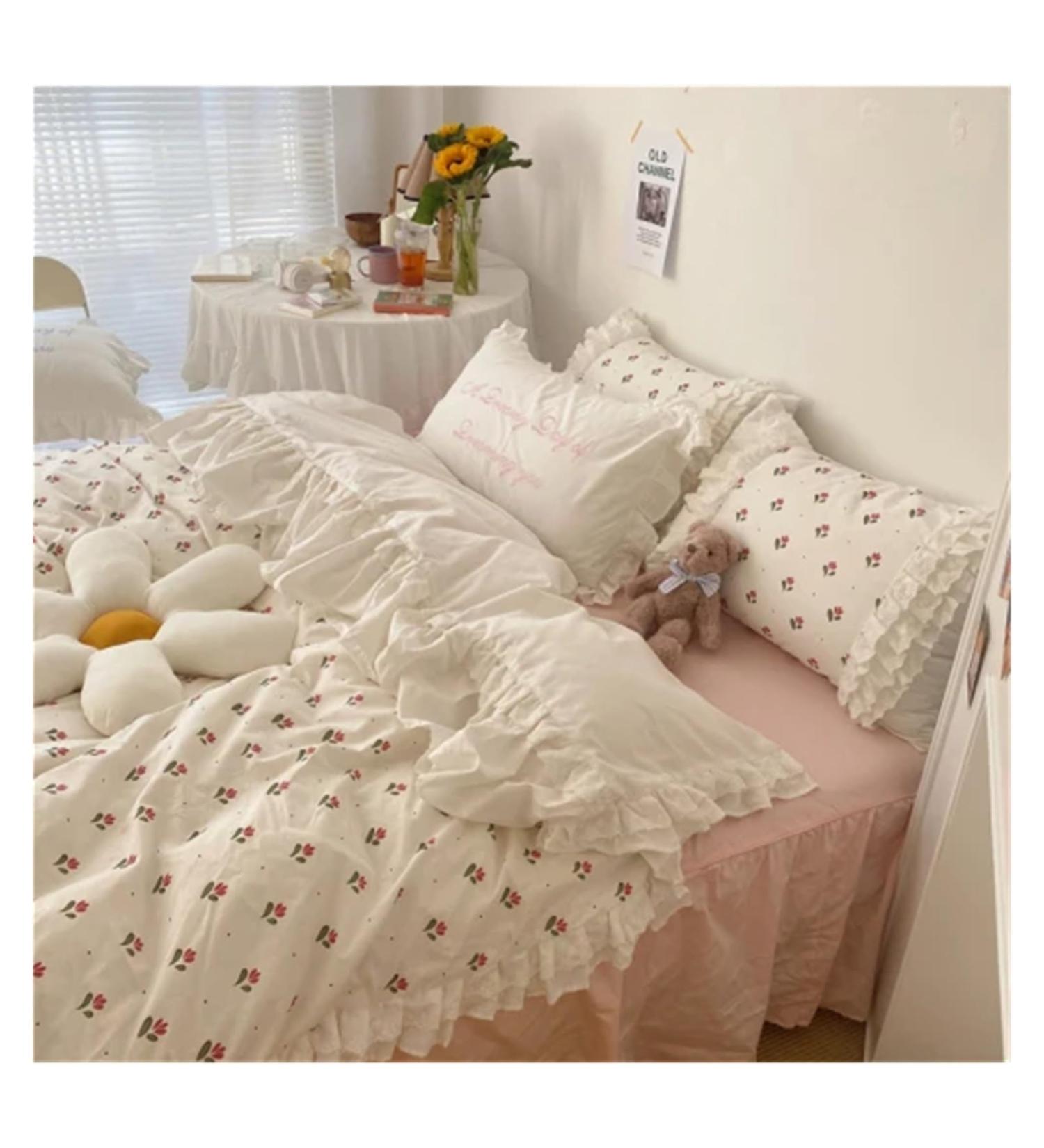 V-intage Ruffle lace Bedding Set Queen Size Bedroom Set Sheet Printed Duvet Cover Bed Sheets and Pillowcases Princess Bed Linen Soft (Flower King 4pcs) - Buy Online on GoSupps.com