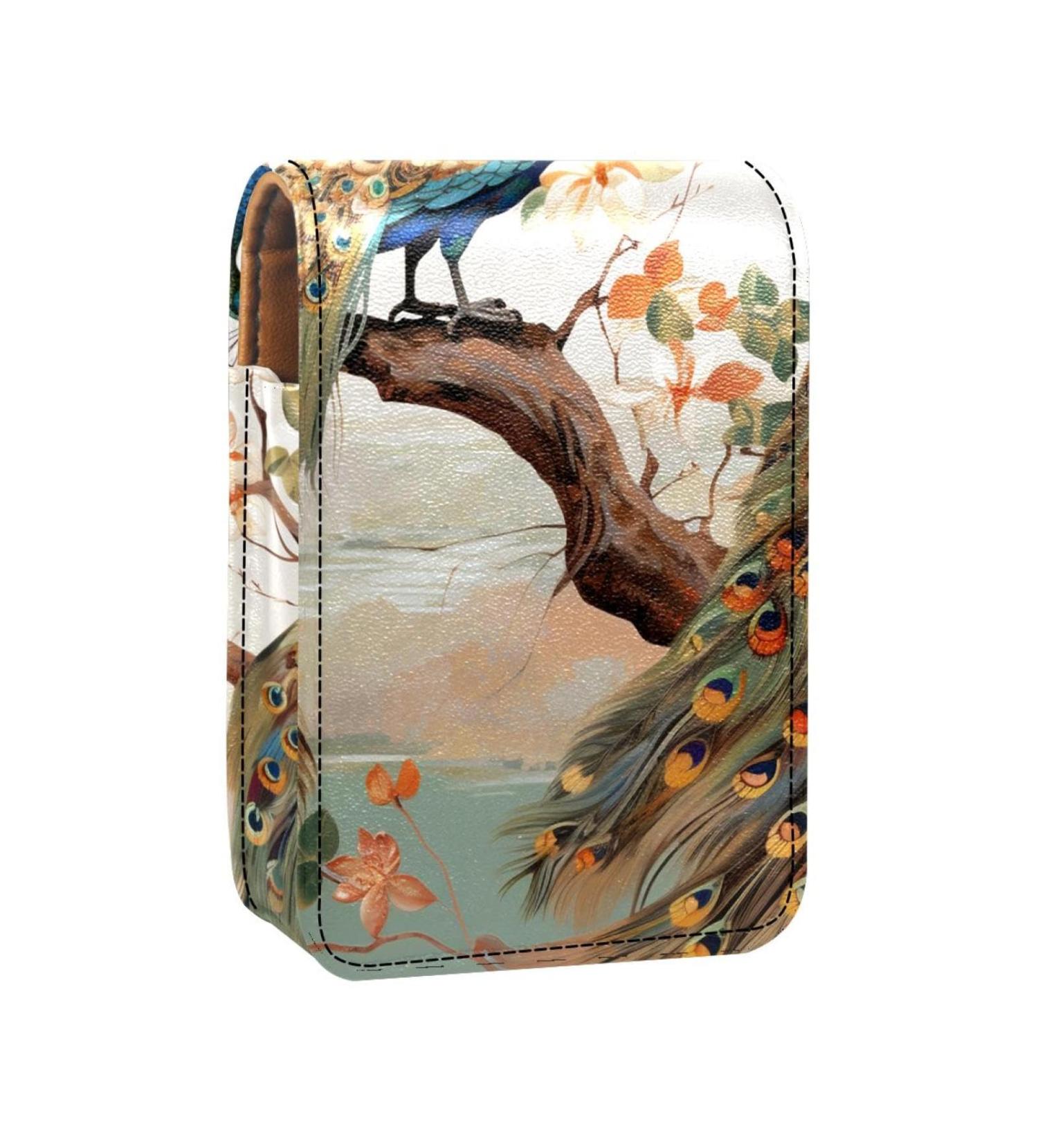 Buy Leather Lipstick Case with Mirror - Mini Lip Gloss Organizer | Forest Tree Couple Peacock Design - Buy Online on GoSupps.com