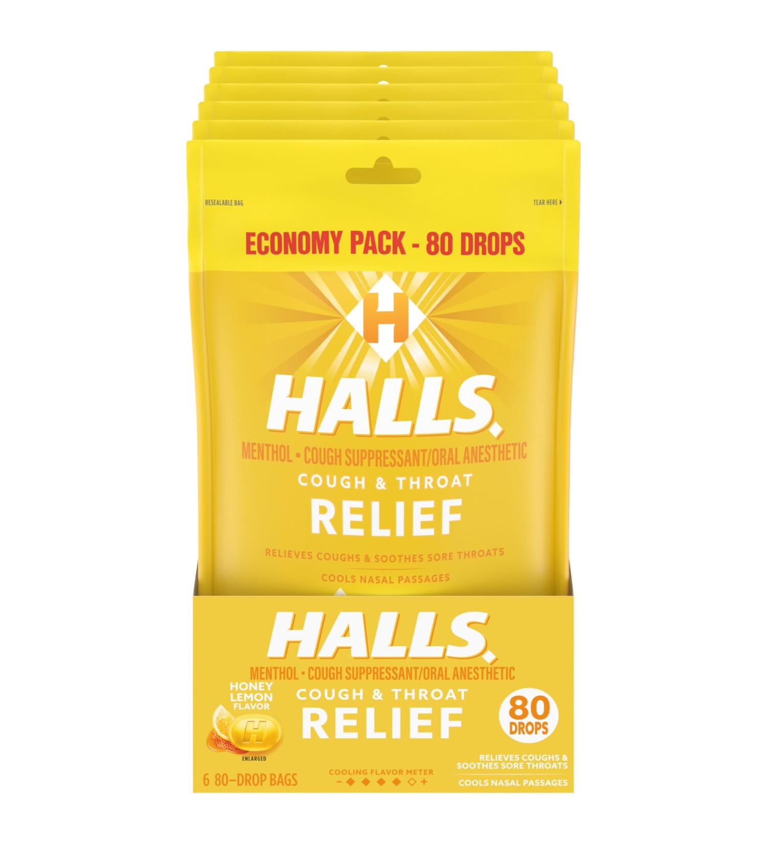 Halls Relief Honey Lemon Cough Drops Economy Pack 6 Packs of 80 Drops (480 Total Drops) 80 Count (Pack of 6) - Buy Online on GoSupps.com