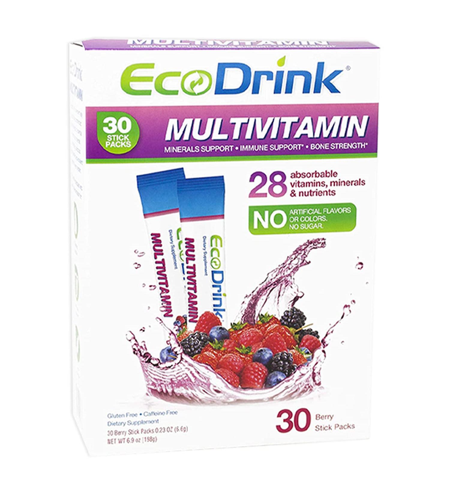 EcoDrink Multivitamin Energy Powder Drink Mix - Electrolytes Antioxidants Nutrients - Sugar and Caffeine Free - Berry Flavor Powder 30 Packets - Buy Online on GoSupps.com