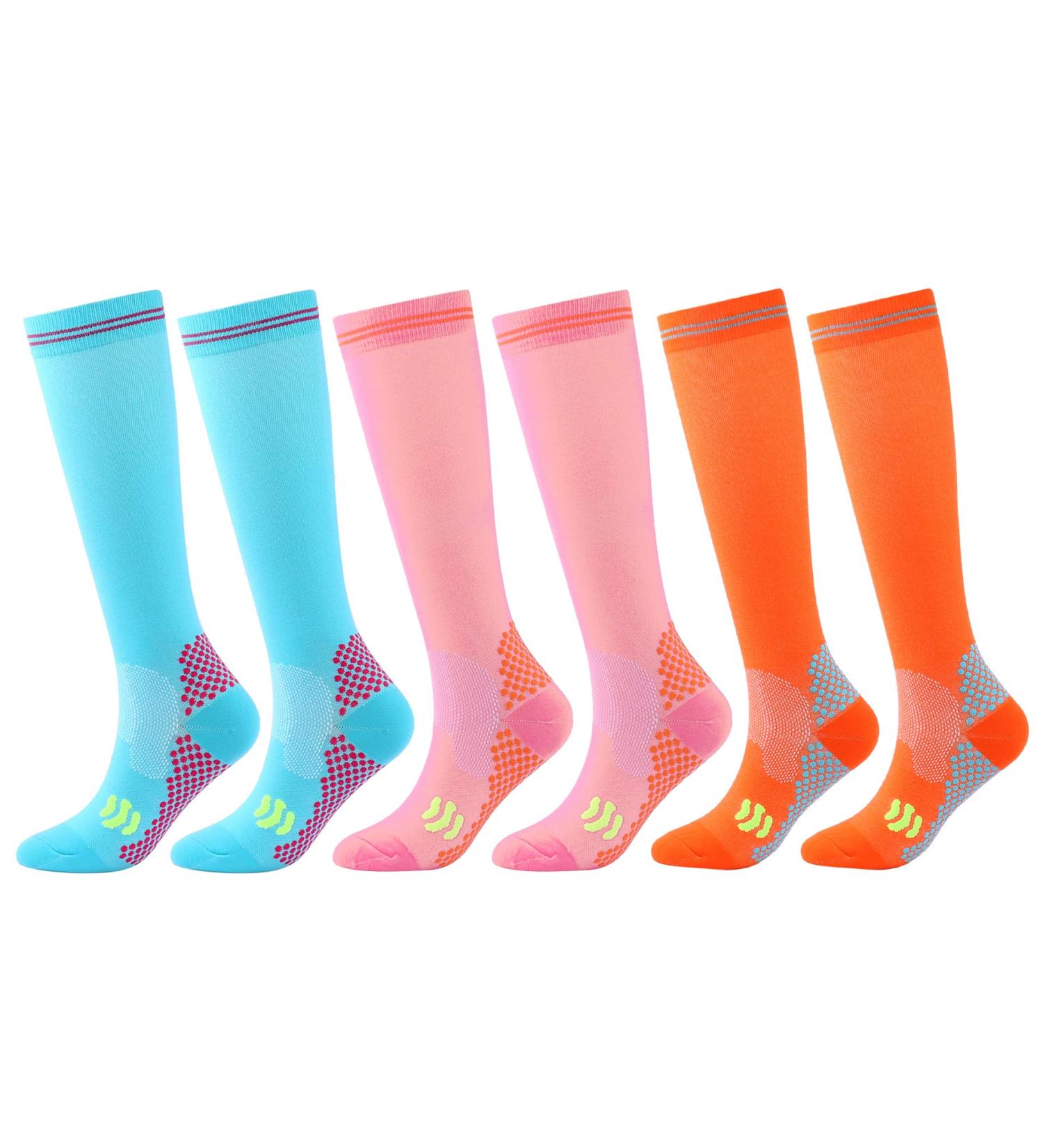 3 Pairs Women's Compression Socks 20-30 mmHg Knee High - Pink Orange Light Blue | Small-Medium Size - Buy Online on GoSupps.com
