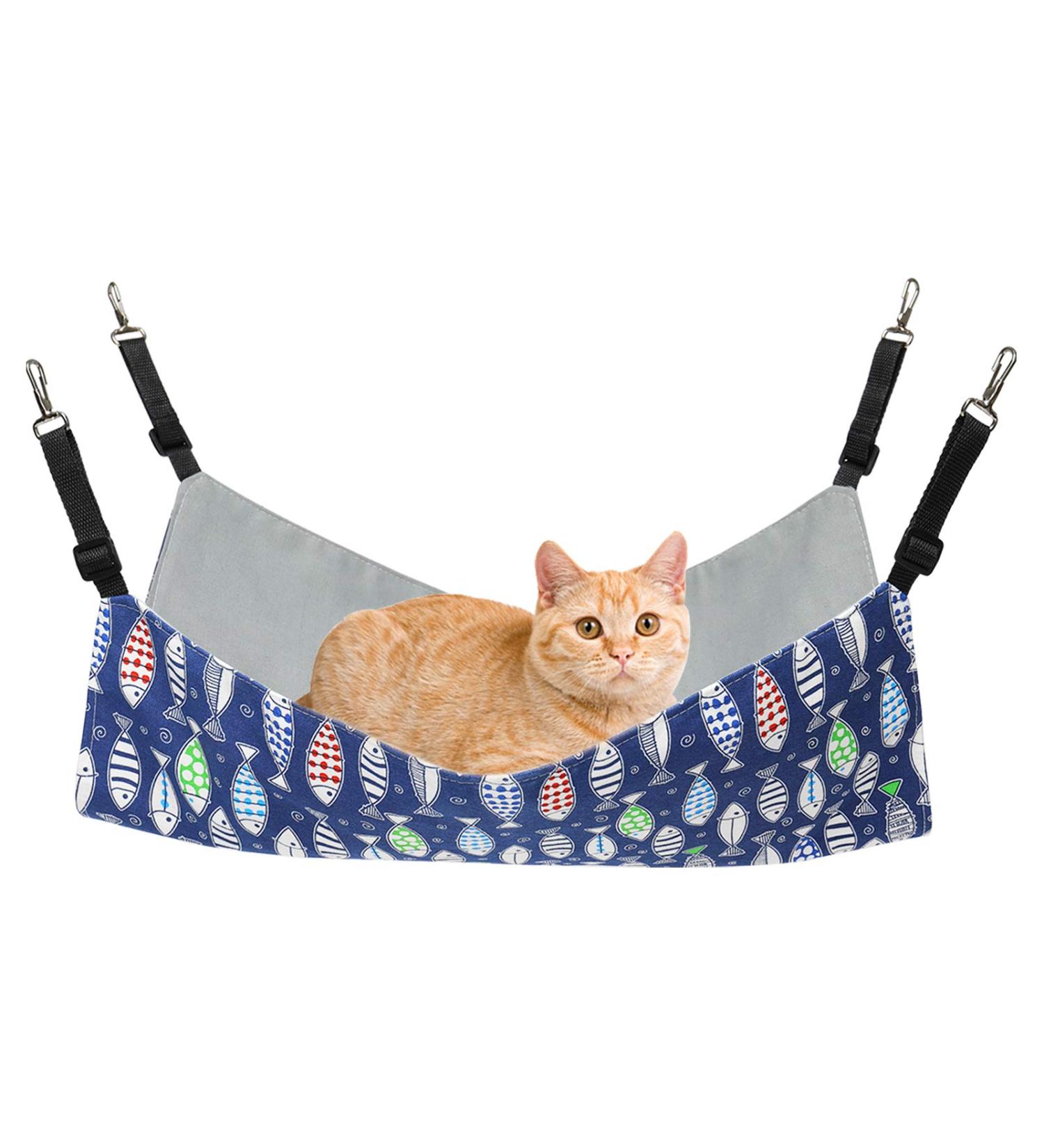 Petmolico Cat Hanging Hammock Bed - Adjustable Strap, Reversible Double-Sided Design - Large Blue Fish Pattern - Ideal for Cats, Kittens, Small Dogs & Other Small Pets - Buy Online on GoSupps.com