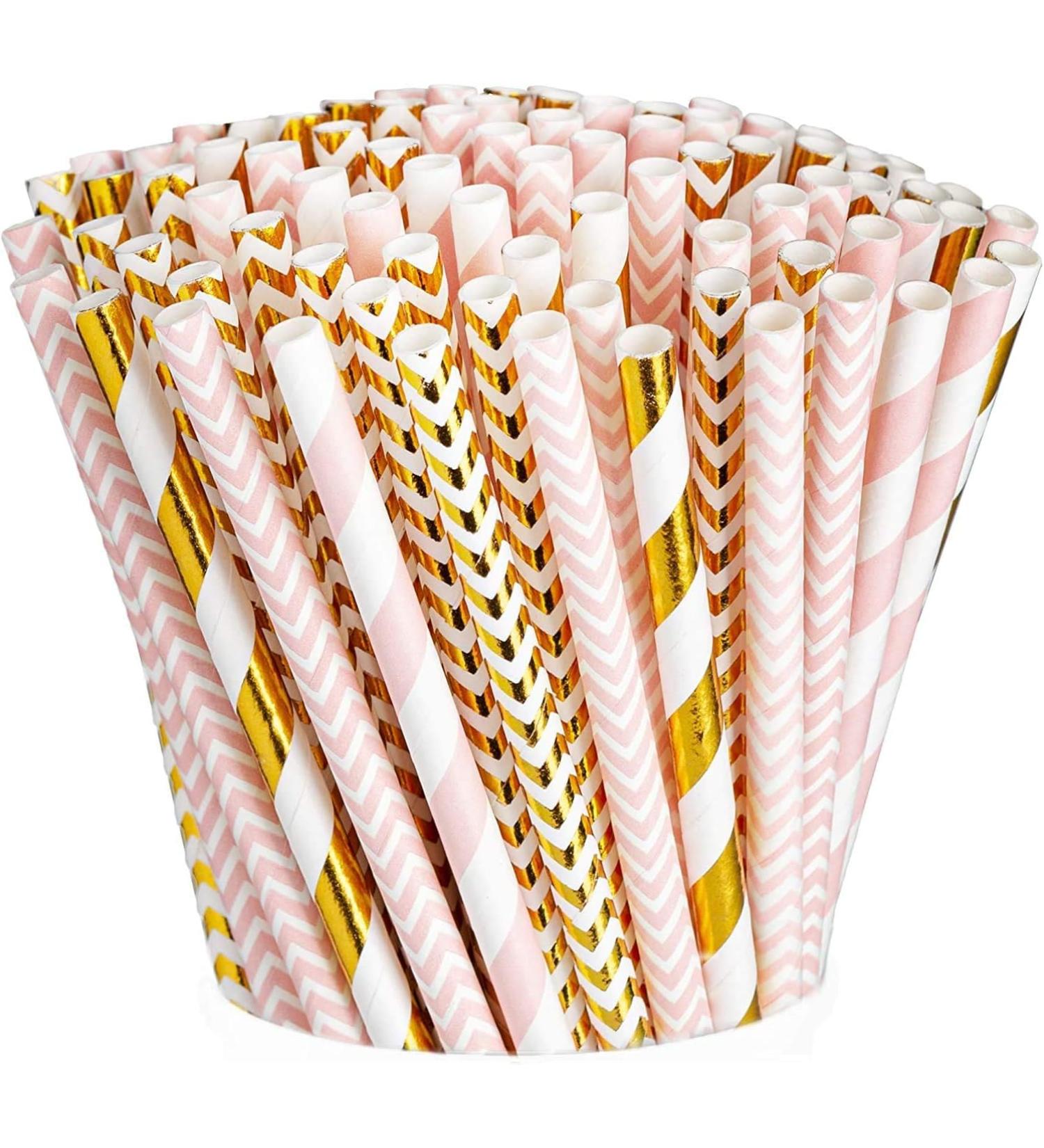 Biodegradable Paper Straws 200 Pack Pink & Gold Multi-Pattern for Birthday Wedding Holiday Decoration - Buy Online on GoSupps.com