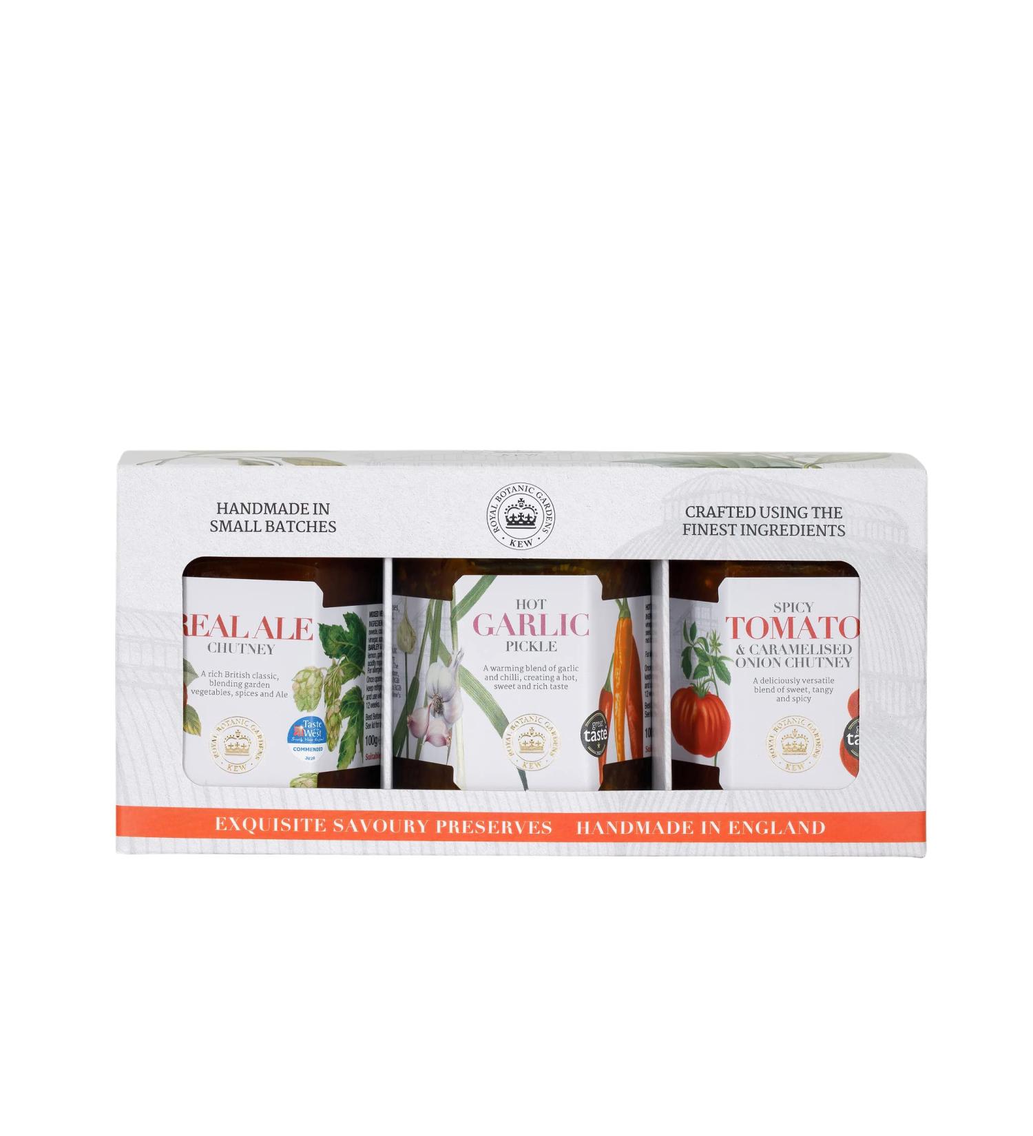 Royal Botanical Gardens Kew Savoury Favourites Includes: Hot Garlic Pickle Spicy Tomato and Caramelised Onion Chutney and Real Ale Chutney 3 x 100 g Gift Box - Buy Online on GoSupps.com
