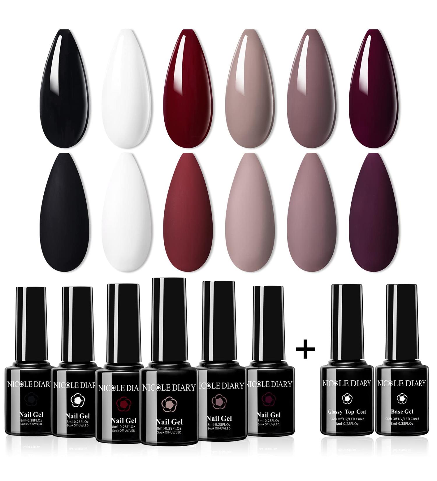 6-Piece Nail Polish Set: Dark Red Burgundy White & Black Gel Polishes with Top & Base Coat - Salon Quality for Manicures at Home - Buy Online on GoSupps.com