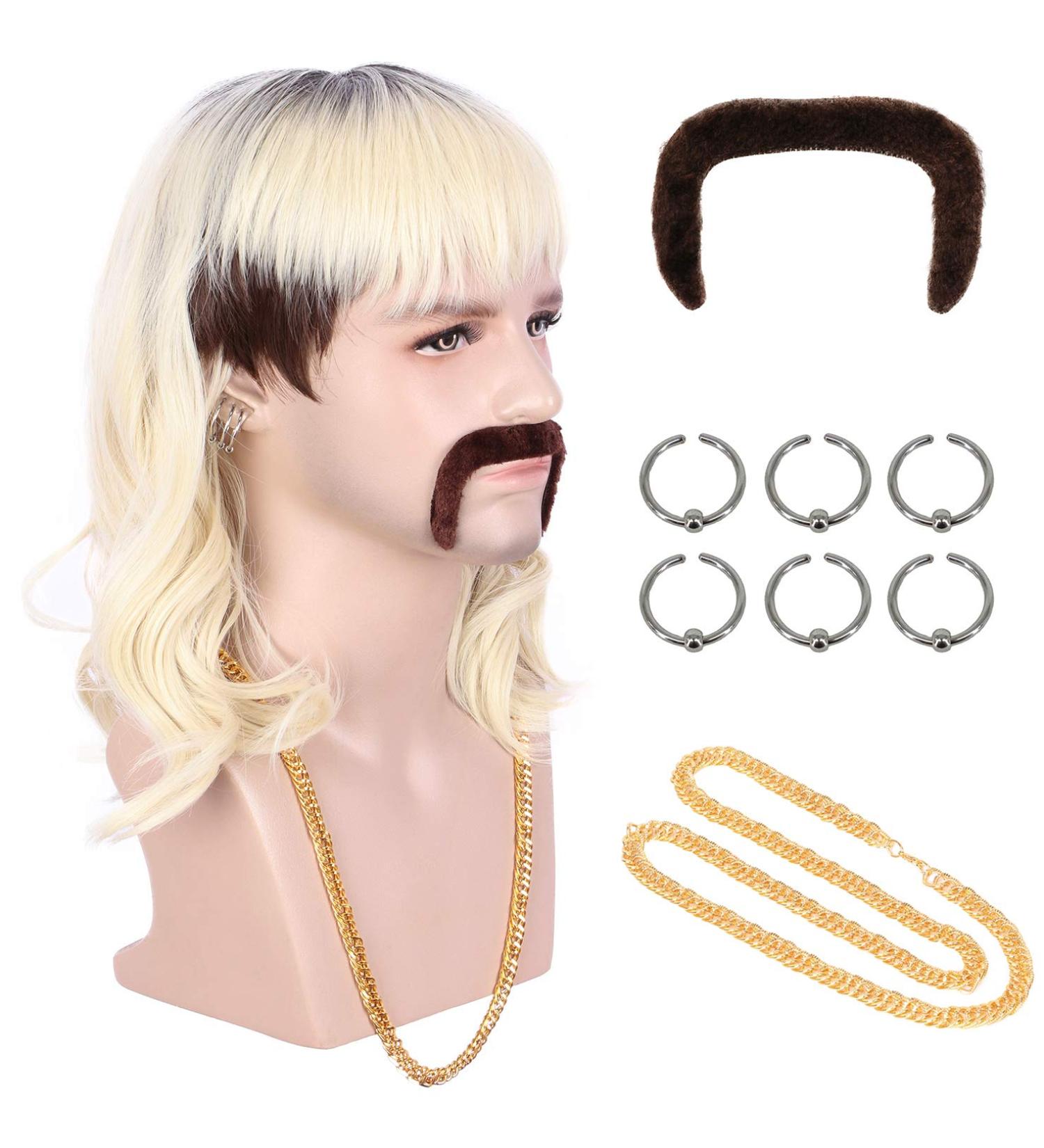 Karlery 70s 80s Rocker Mullet Wig with Accessories - Beige Dark Root Costume Wig for Halloween Cosplay - Buy Online on GoSupps.com