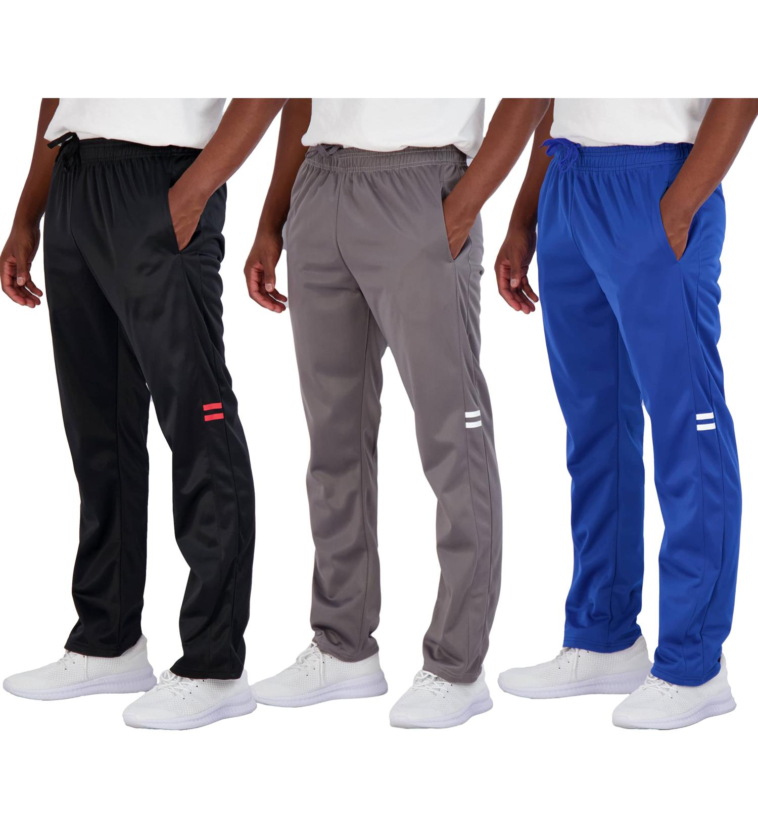 Real Essentials Men's Active Athletic Sweatpants 3 Pack - Tricot Fabric, Pockets, and Open Bottom Design - Set of 2 (Size: Large) - Buy Online on GoSupps.com
