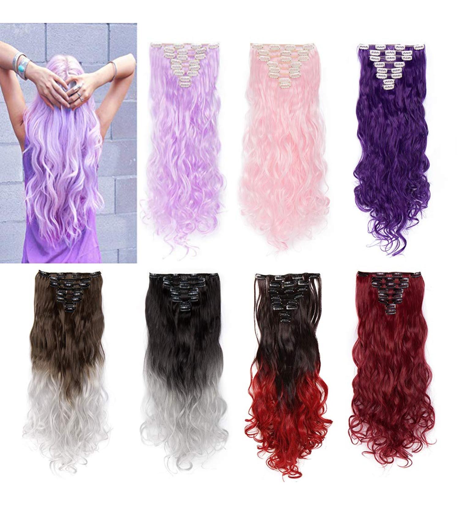 24 Inch Curly Hair Extension 8 Pcs Full Head Set Clip In Hairpiece - Light Purple, Heat-Resistant - Buy Online on GoSupps.com