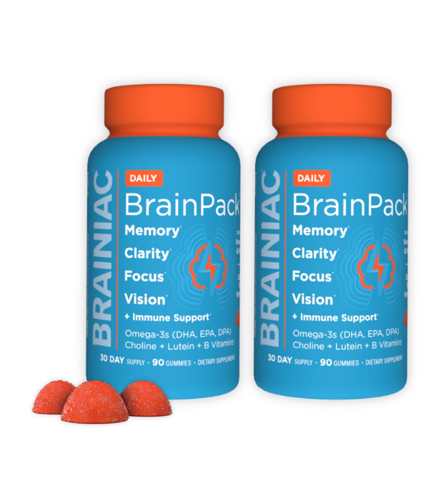Brainiac Daily BrainPack Gummies Twinpack - Omega 3 DHA EPA DPA Choline B6 & B12, Lutein for Eye Health, Immune Support - Citrus Berry Flavor - 90 ct x 2 - Buy Online on GoSupps.com