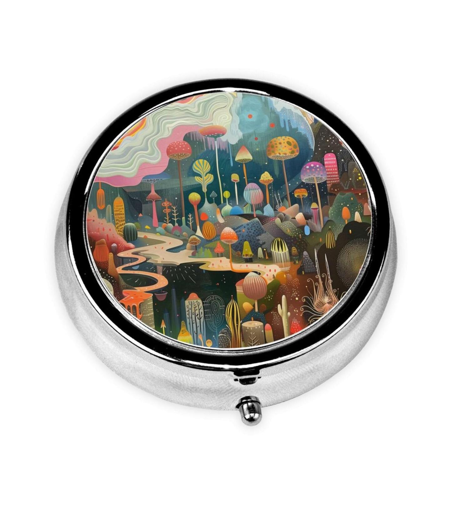 Strange Mushroom Portable Metal Pill Box - Round Mini 3-Compartment Design for Small Pills | Travel Essential - Buy Online on GoSupps.com