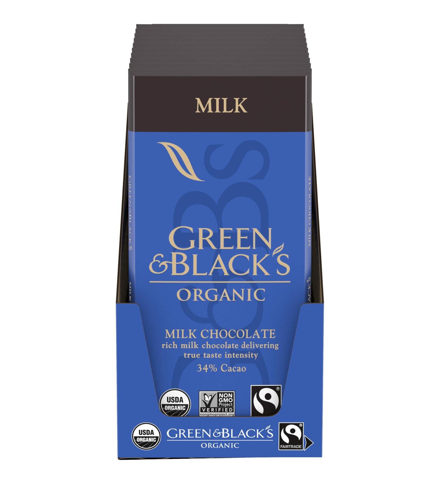 Green & Black's Organic Milk Chocolate Bar 34% Cacao - 2.17 oz, Pack of 10 - Buy Online on GoSupps.com
