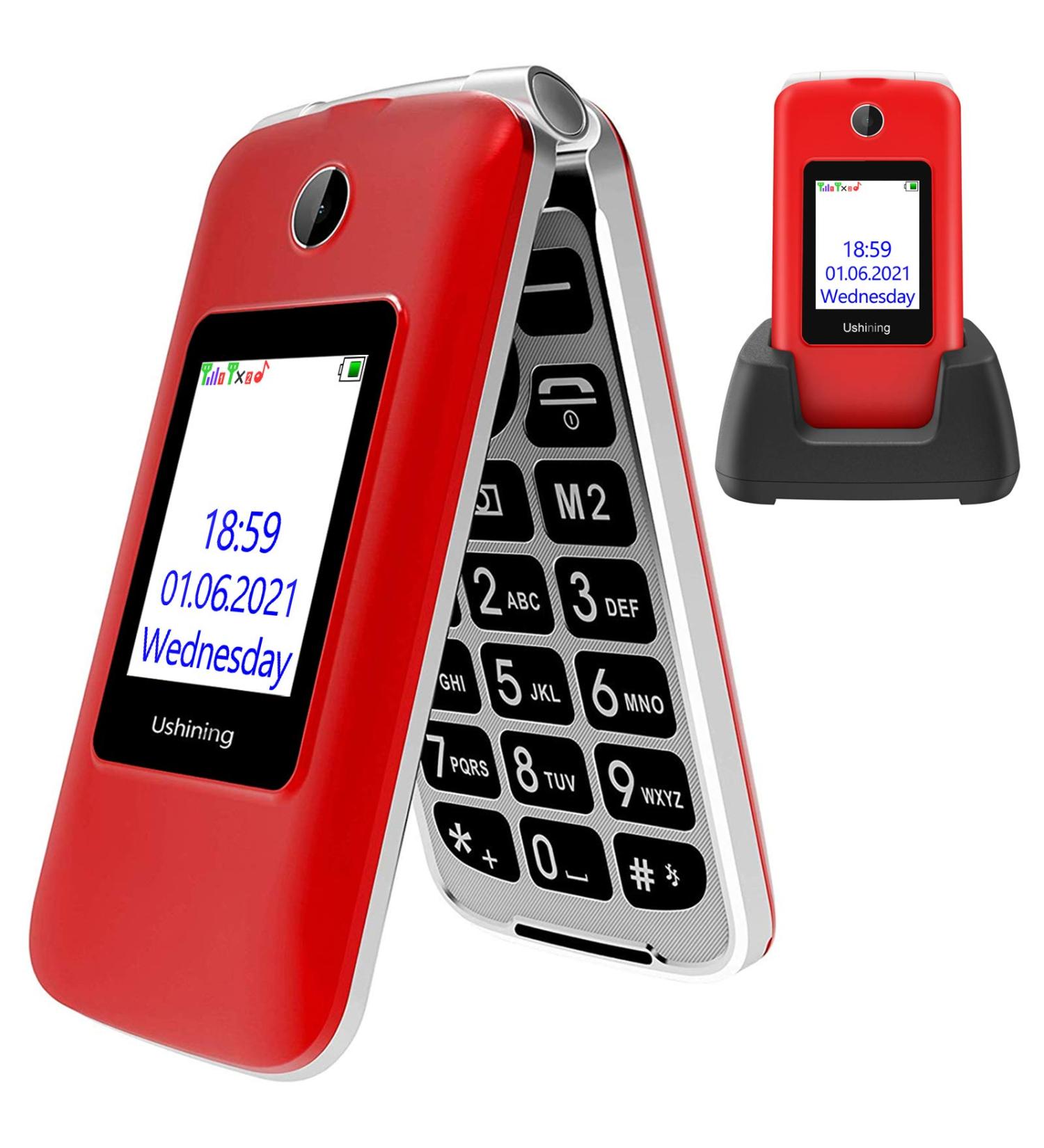 USHINING Senior Big Button Flip Phone | Dual SIM Unlocked | 2.8 Large Screen | SOS Button | FM Radio | Torch | Charging Cradle - Red - Buy Online on GoSupps.com