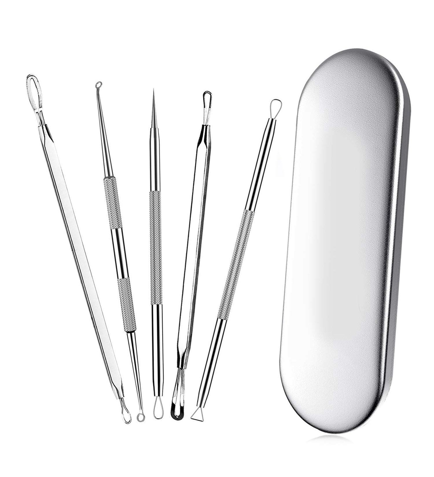 Blackhead Remover Acne Treatment Kit - Professional Skin Care Tools for Pimple Popper, Blemish, and Whitehead Extraction - 5 Piece Stainless Steel Set with Travel Case (Silver) - Buy Online on GoSupps.com