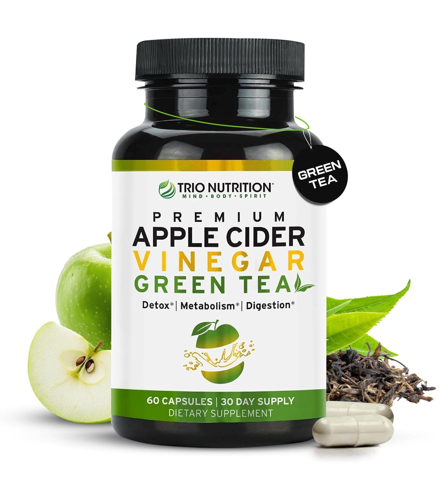 TRIO NUTRITION Apple Cider Vinegar Capsules with Green Tea - Natural Sugar Free Apple Cider Vinegar Pills with The Mother for Body Cleanse Immune Weight Management & Metabolism Booster* Apple Cider Vinegar and Green Tea - Buy Online on GoSupps.com