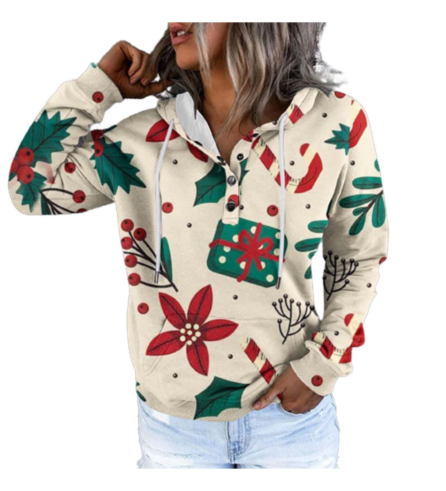 Yihaojia Christmas Hoodies Women Xmas Funny Graphic Print Blouse Tops V Neck Button Up Long Sleeve Holiday Sweatshirt Black#133 Medium - Buy Online on GoSupps.com