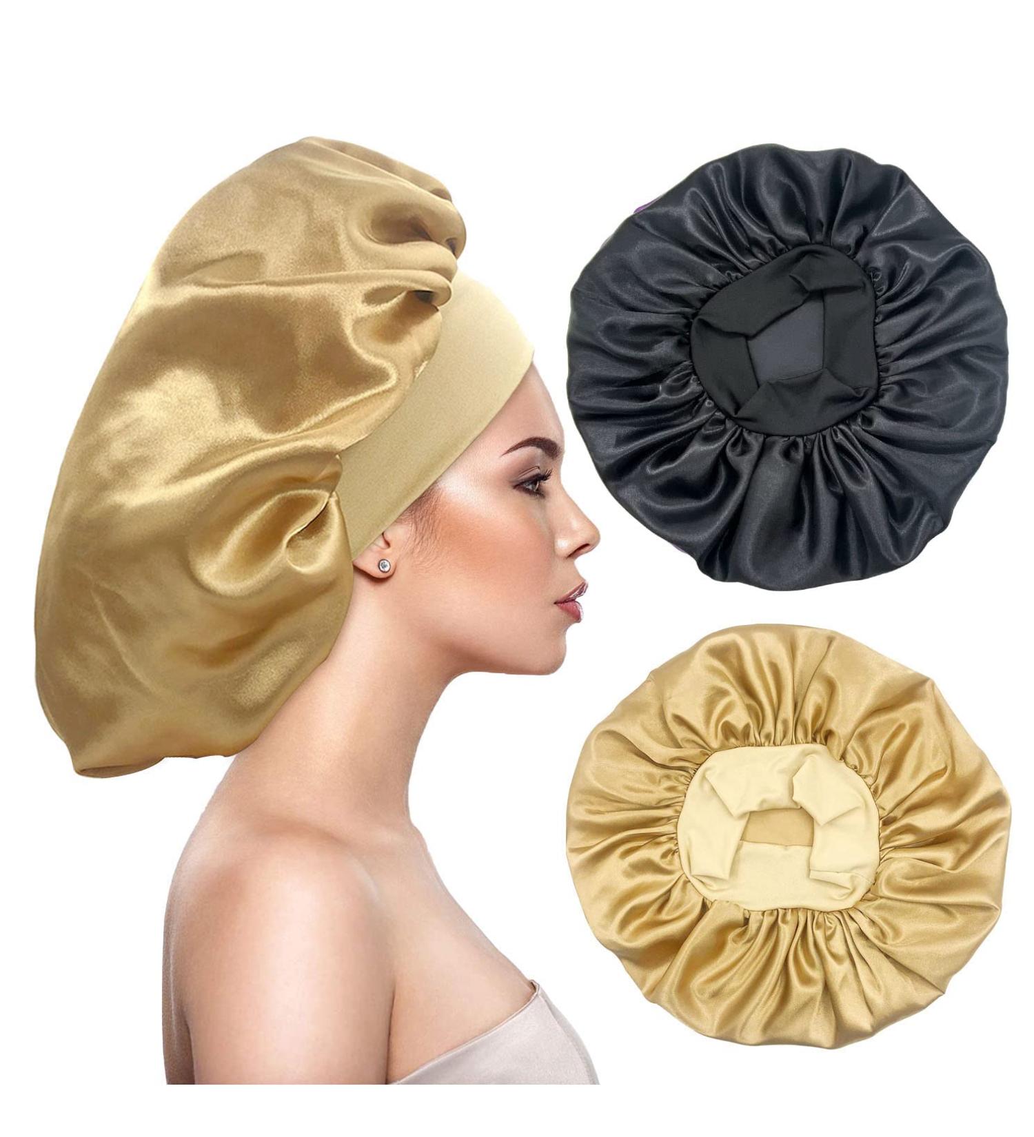 Eupinduo Satin Sleeping Cap Bonnet - 2 Piece Curly Hair Hood for Night Use | Soft & High Elastic | Black & Gold Options - Buy Online on GoSupps.com