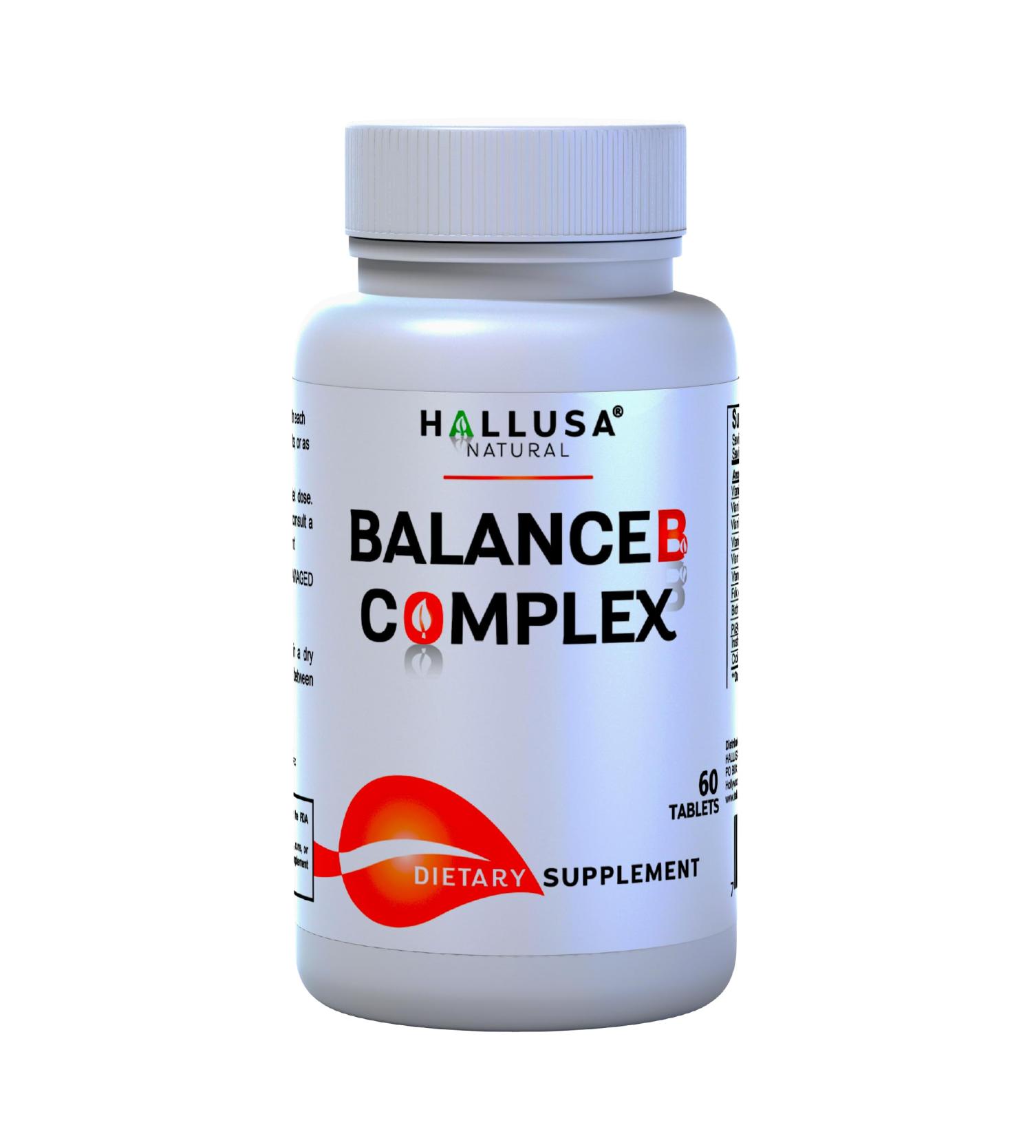 Hallusa Natural Vitamin B Complex with Biotin B12 B6 B5 B3 B2 Energy Metabolism & Hair Support 60 Tablets Daily B-Complex Supplement with Folic Acid Inositol & Choline - Buy Online on GoSupps.com