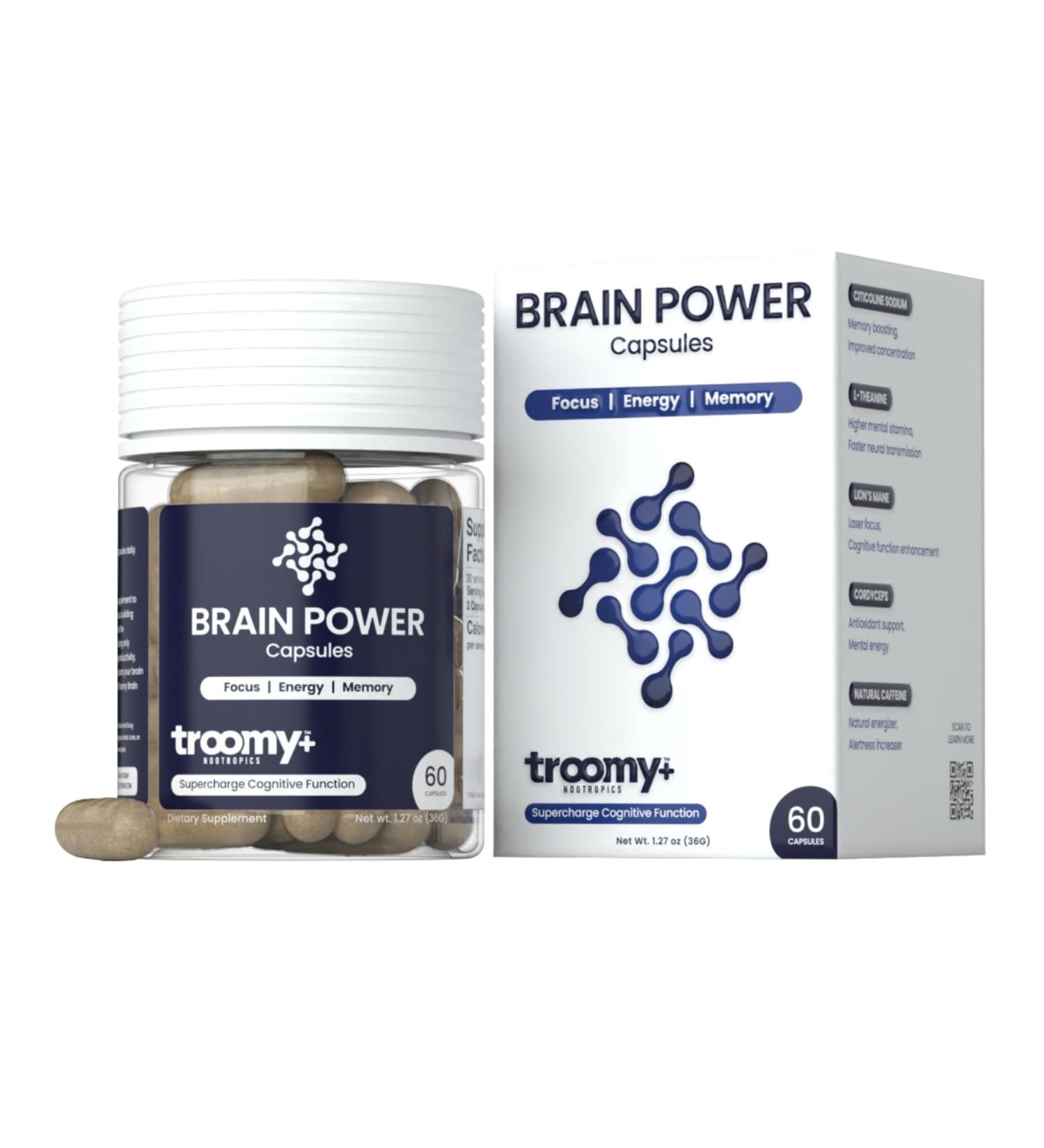 Troomy Brain Power Supplement - Enhance Focus & Memory with Citicoline Lion's Mane & Cordyceps | 60 Capsules for Optimal Brain Function - Buy Online on GoSupps.com