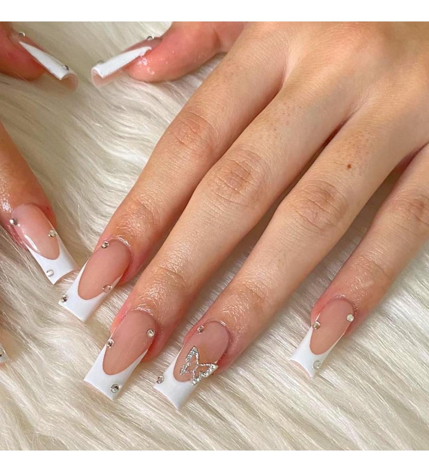 French Tip Press-On Nails | Medium Long Square Fake Nails | White Pink Bare Ballerina | Rhinestone Butterfly for Weddings & Birthdays - Buy Online on GoSupps.com